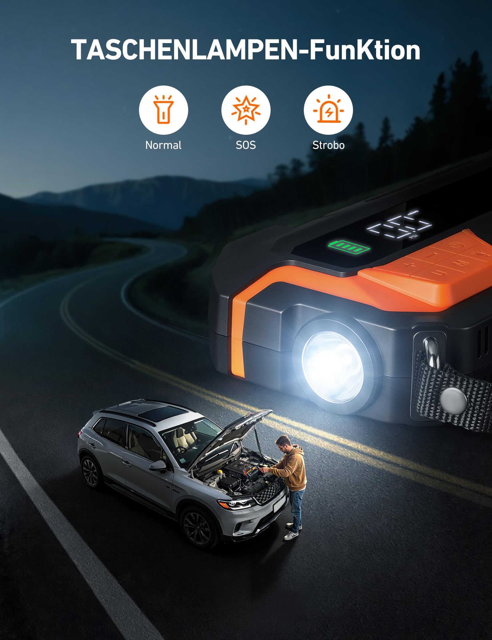AstroAI Auto Starthilfe Powerbank für pkw mit 150PSI Kompressor, 8000A Starter Powerbank für 10 L Benzin / 8 L Diesel,für 12 V Autos, Motorräder, SUVs, Booster Auto Starthilfe mit LED-Display, Orange