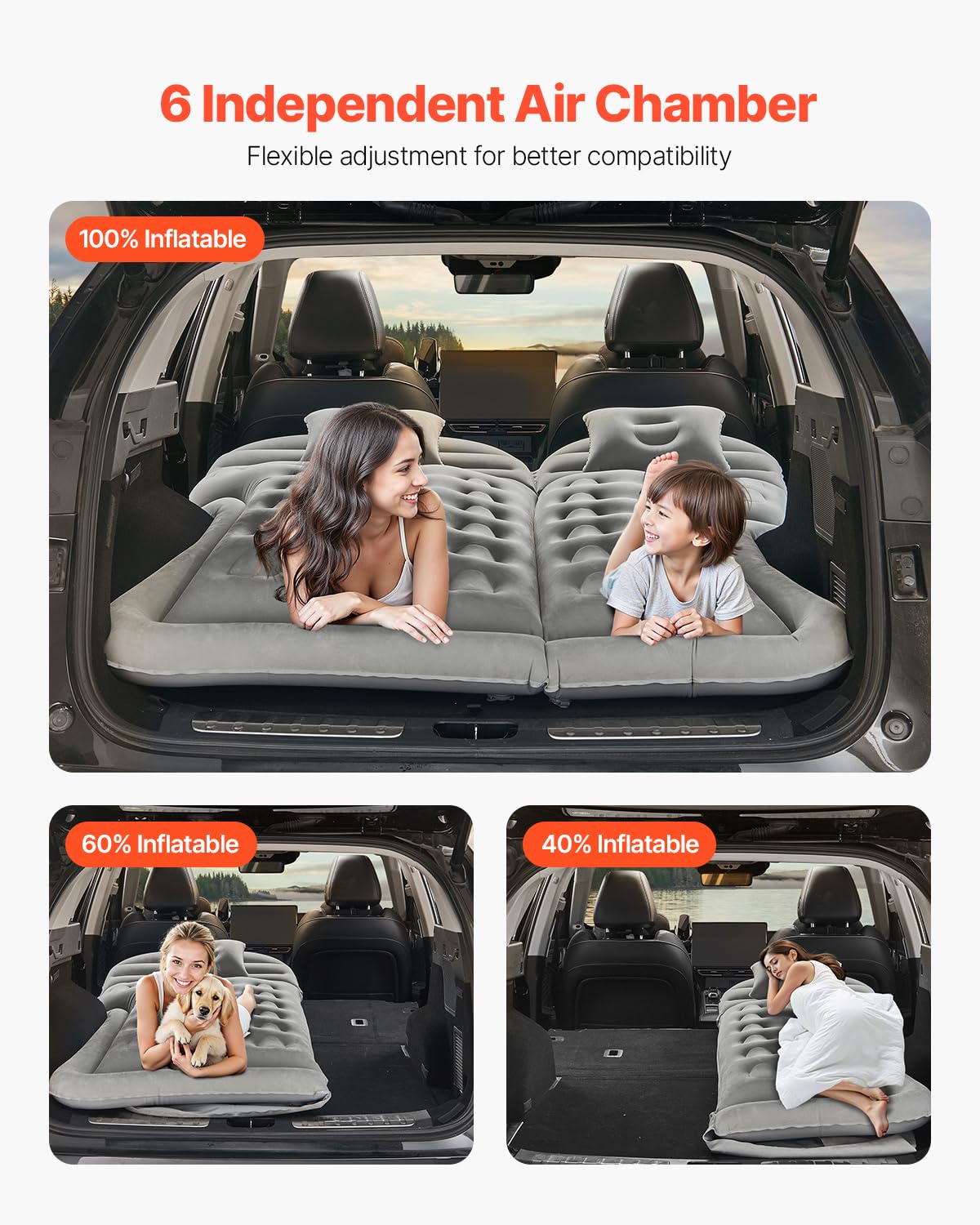 VEVOR Colchón Inflable, Grueso y Aterciopelado, Portátil Cómodo y Duradero, con Bomba de Aire, Boquilla y Bolsa de Transporte, para la Mayoría de SUV, MPV y Sedán, Gris, 1750 x 1330 x 150 mm