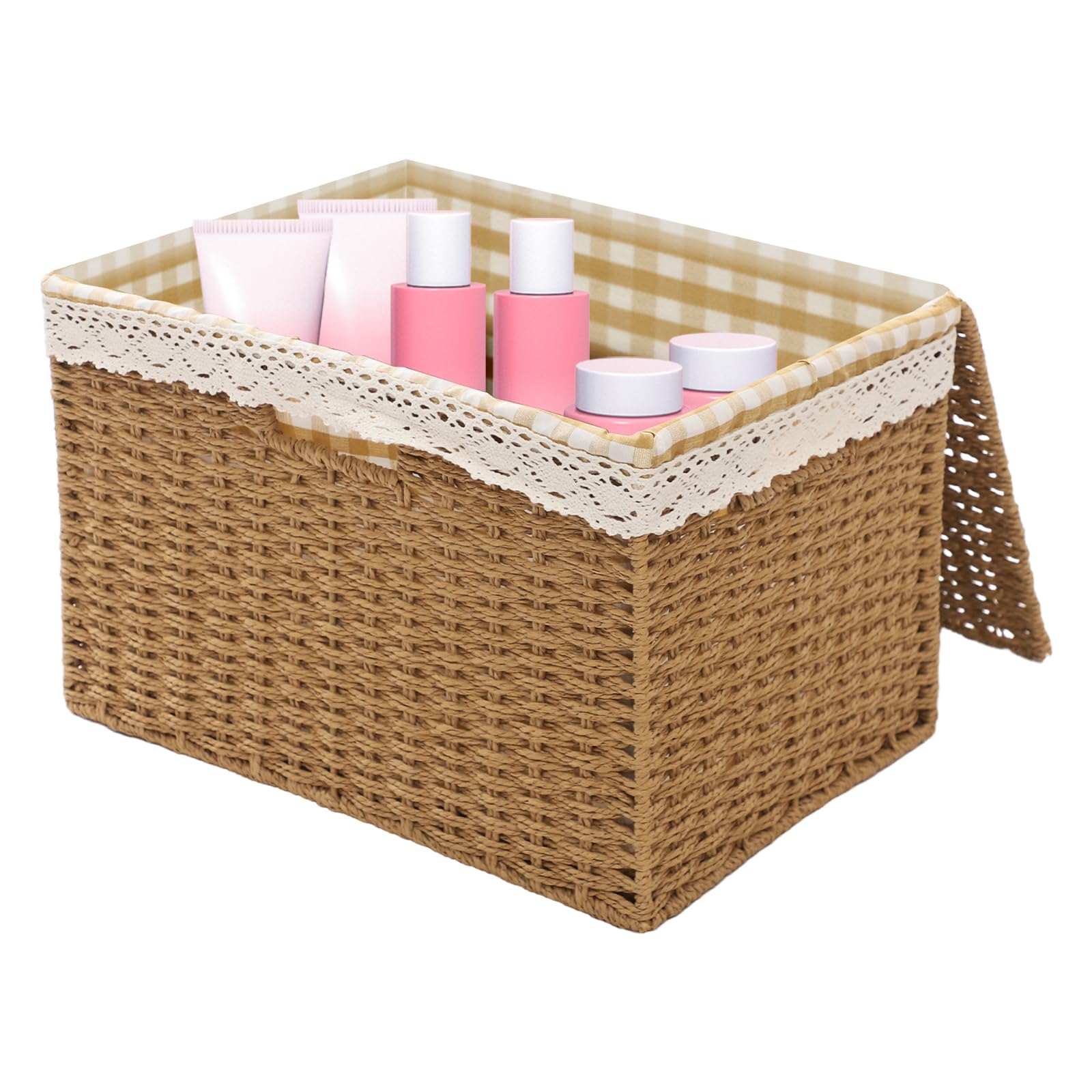 Set di 4 cestini in corda intrecciati con vassoio portaoggetti rettangolare impilabile rustico, cestino biancheria sporca con coperchio organizer, giocattoli, vestiti, con manico e fodera cesti
