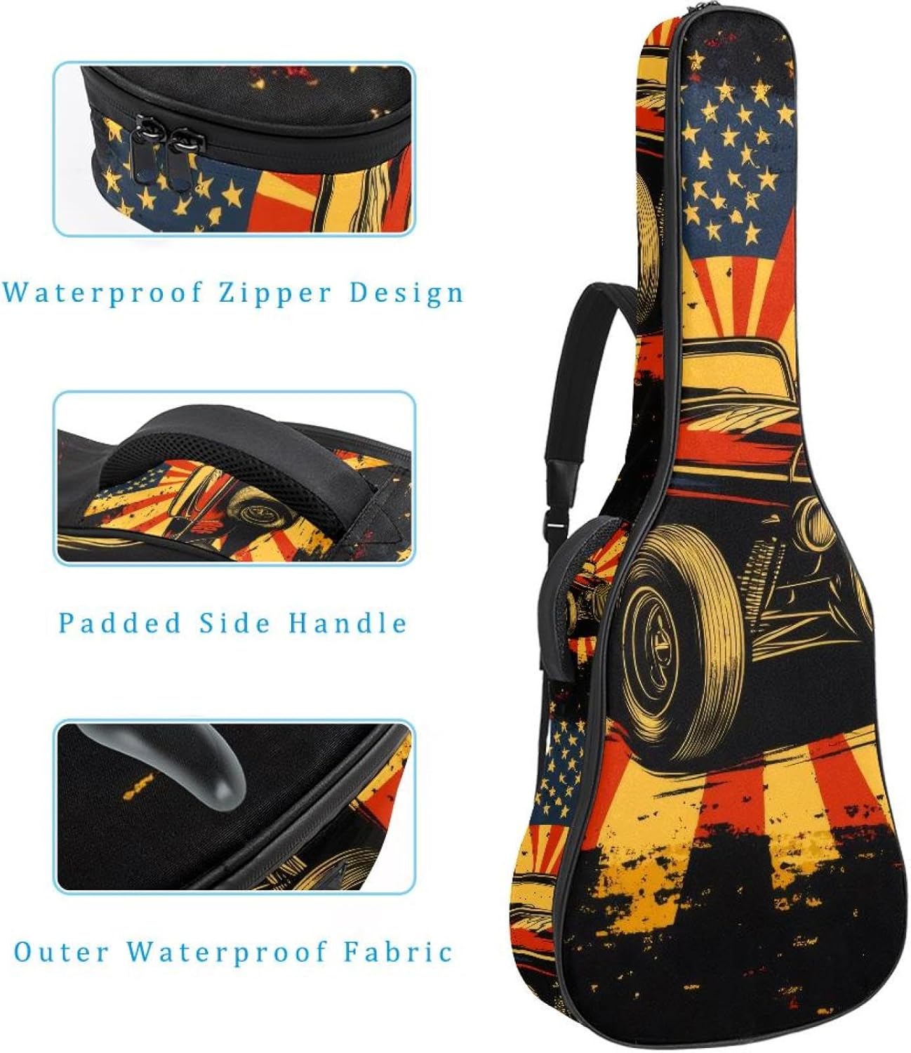 40 41 42 Inch Acoustic Guitar Bag, 0.4 In Thick Sponge Padded Guitar Case Gig Bag with Back Hanger Loop and 2 Pockets, Racing Car Road Speed Print