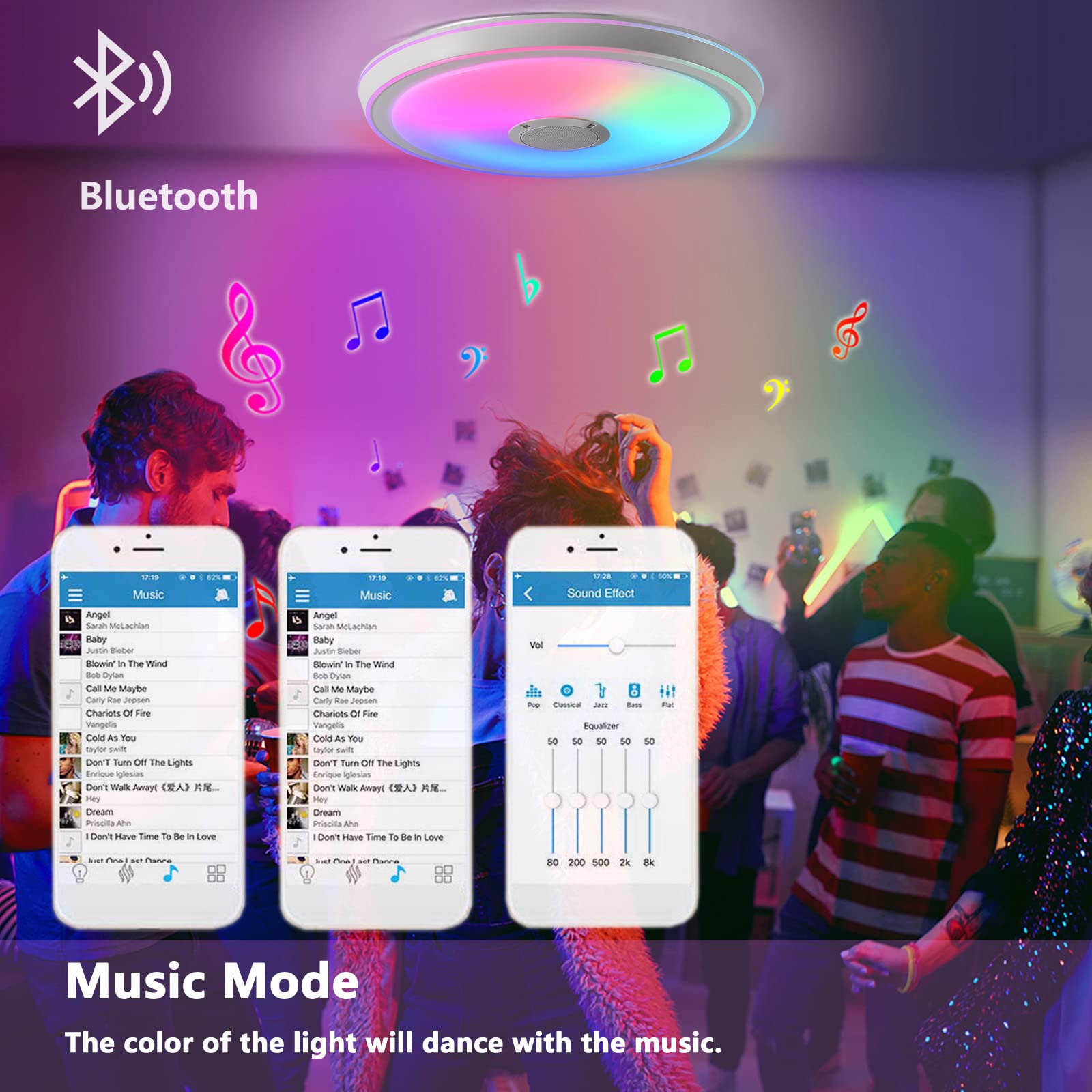 JDONG Plafoniera LED dimmerabile con altoparlante bluetooth, plafoniera 24W con telecomando o controllo APP,White Noise, per camera da letto cucina cameretta soggiorno bagno IP44