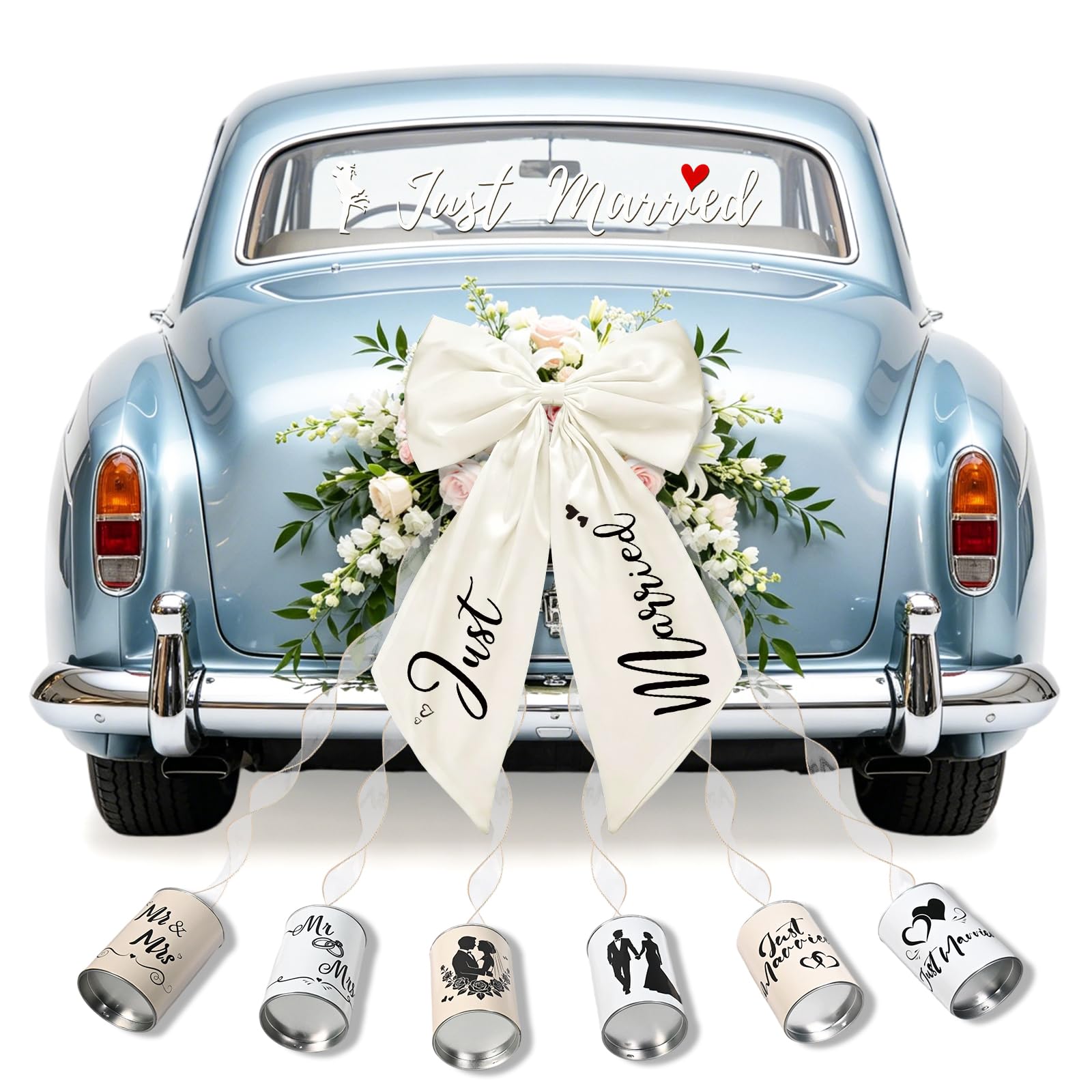 Just Married Autoschmuck Hochzeit Brautauto Schleife & Blechdosen Set, Traditionelles Hochzeitsdekoration-Set mit Großer Schleifen, Aufkleber & Blechdosen – Ideal für Hochzeitsfahrt & Fotos
