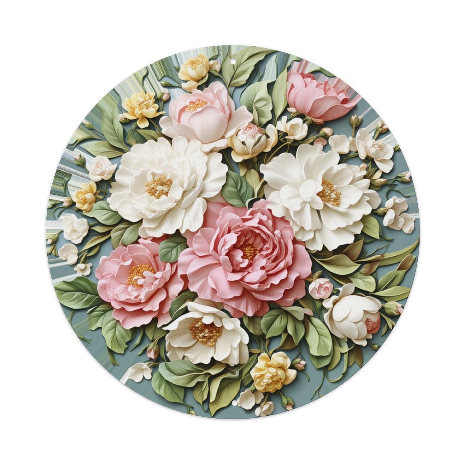Floral Arrangement With Peonies And Leaves Round Tin Sign Vintage Metal Poster, Home Bar Garage Man Cave Cafe Indoor & Outdoor Wall Decoration 8x8Inches