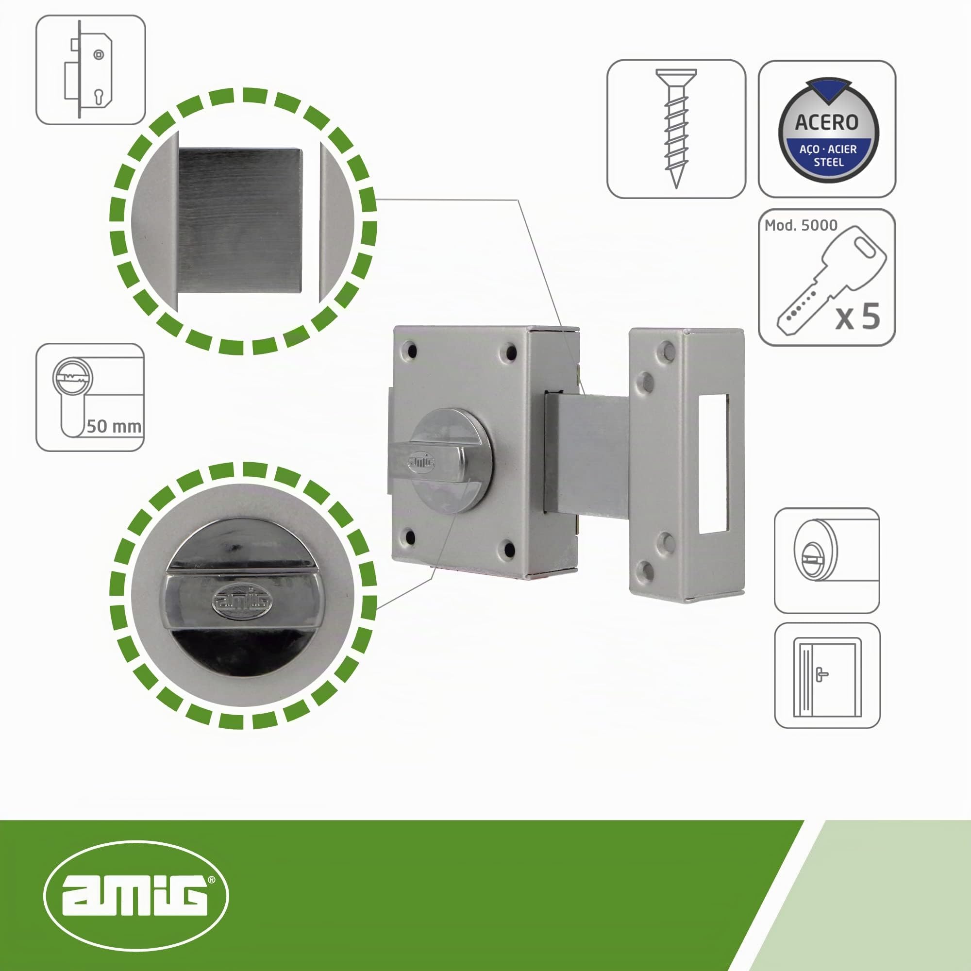 Amig - Serratura da sovrapporre con leva di chiusura e stampella interna per porte in legno mod. 85 | 85 x 65 mm | Chiusura con cilindro rotondo di sicurezza | Acciaio smaltato argento