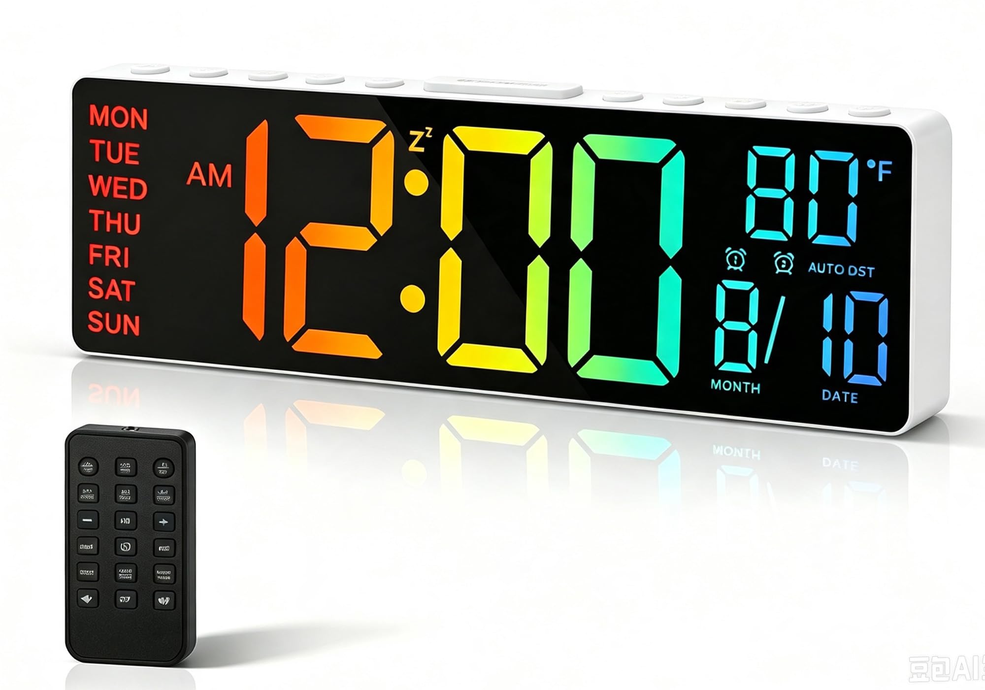 HAITANG Reloj Digital Pared - Reloj Digital Sobremesa de 10,5" con Indicador de Temperatura, Fecha y Día, Regulador Automático de Brillo RGB, Luces Nocturnas, LED 24/12H para Escritorio, Dormitorio
