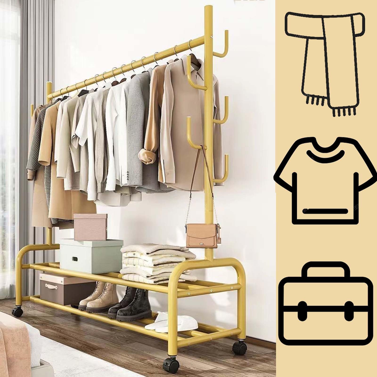 Himimi Portant Double Sur Roulettes, Porte-vêtements Robuste Avec 2 Crochets Et Étagères Réglables En Hauteur, Portant Métallique Stable Pour Chambre, Buanderie Et Dressing 60 * 42 * 205cm Blanc