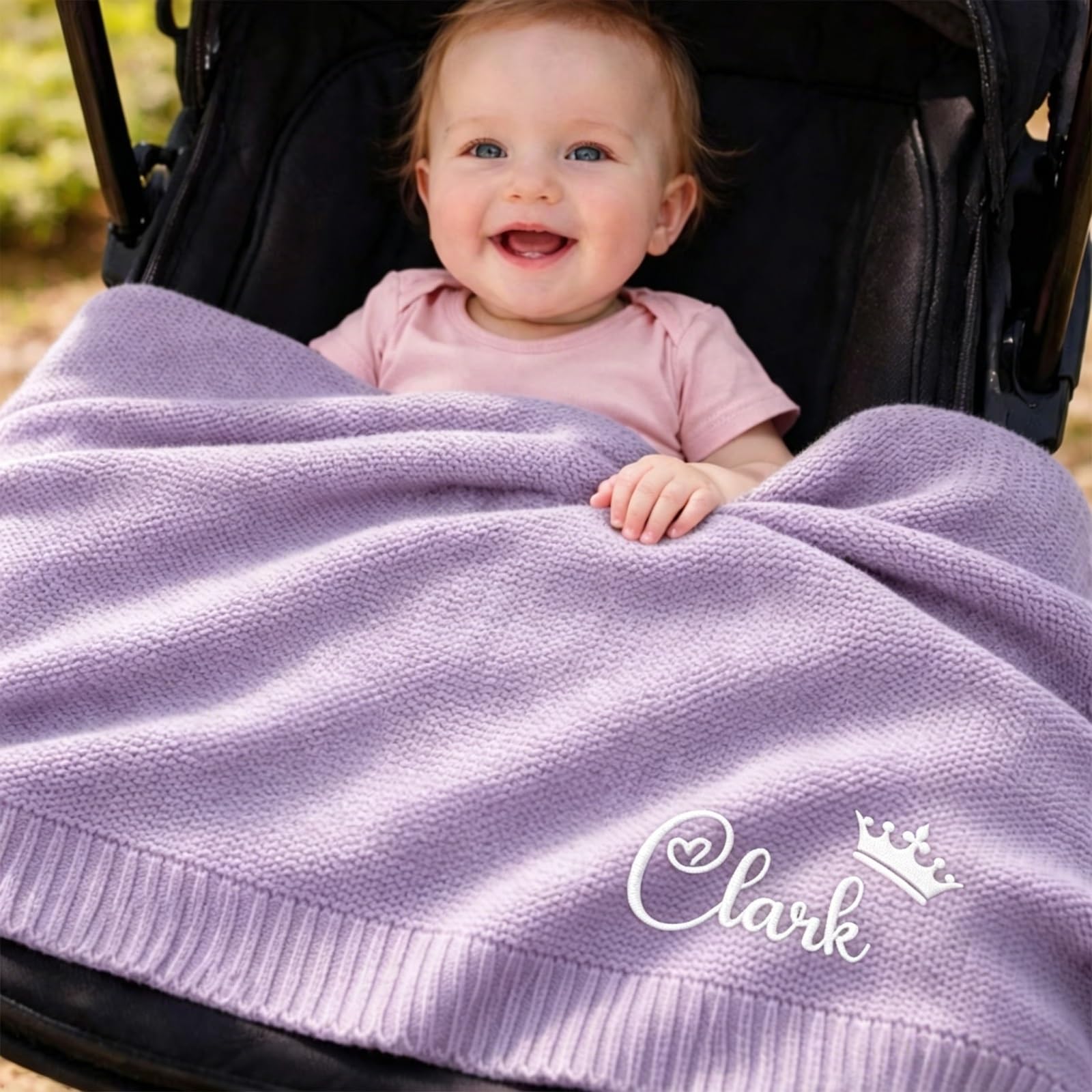 ZZTINGC Personalized Baby Name Blanket, Custom Embroidered Soft Knit Blanket, Baby Shower Present, Newborn Keepsake, New Mom Gift (30x40 Inches)(Light Purple)