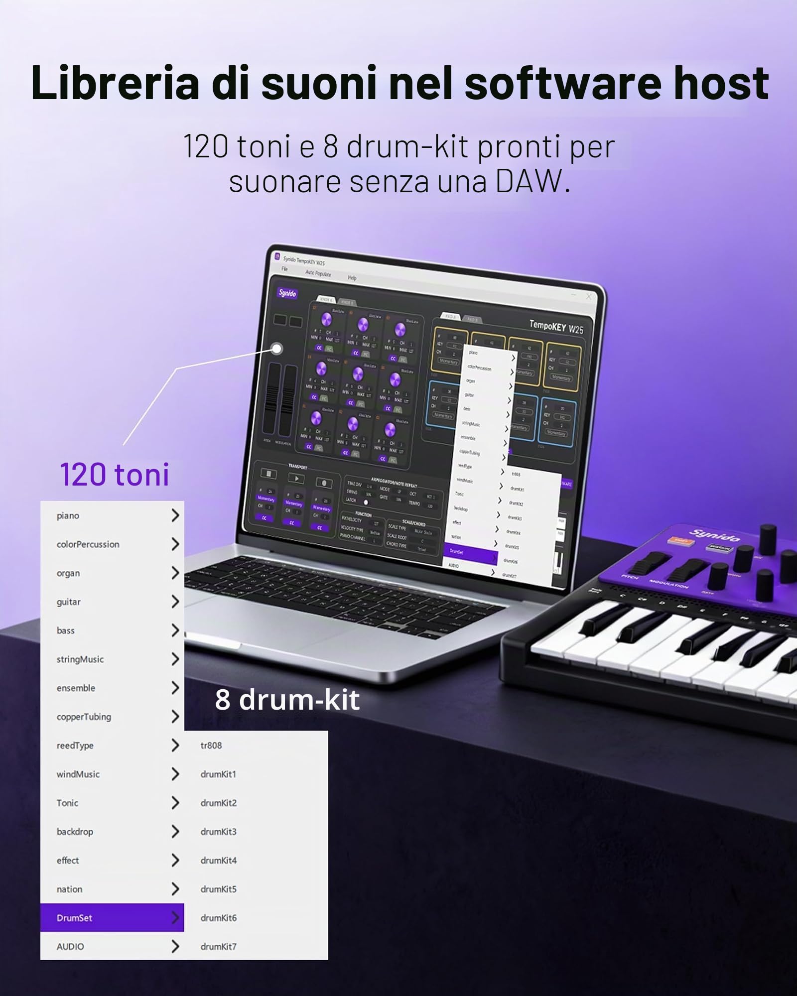 Synido TempoKEY W25 - Tastiera controller MIDI USB C con connessione wireless a 25 tasti, ricaricabile con 8 pad RGB Velocity, schermo OLED, In/Out/Thru, tastiera MIDI professionale per produzione