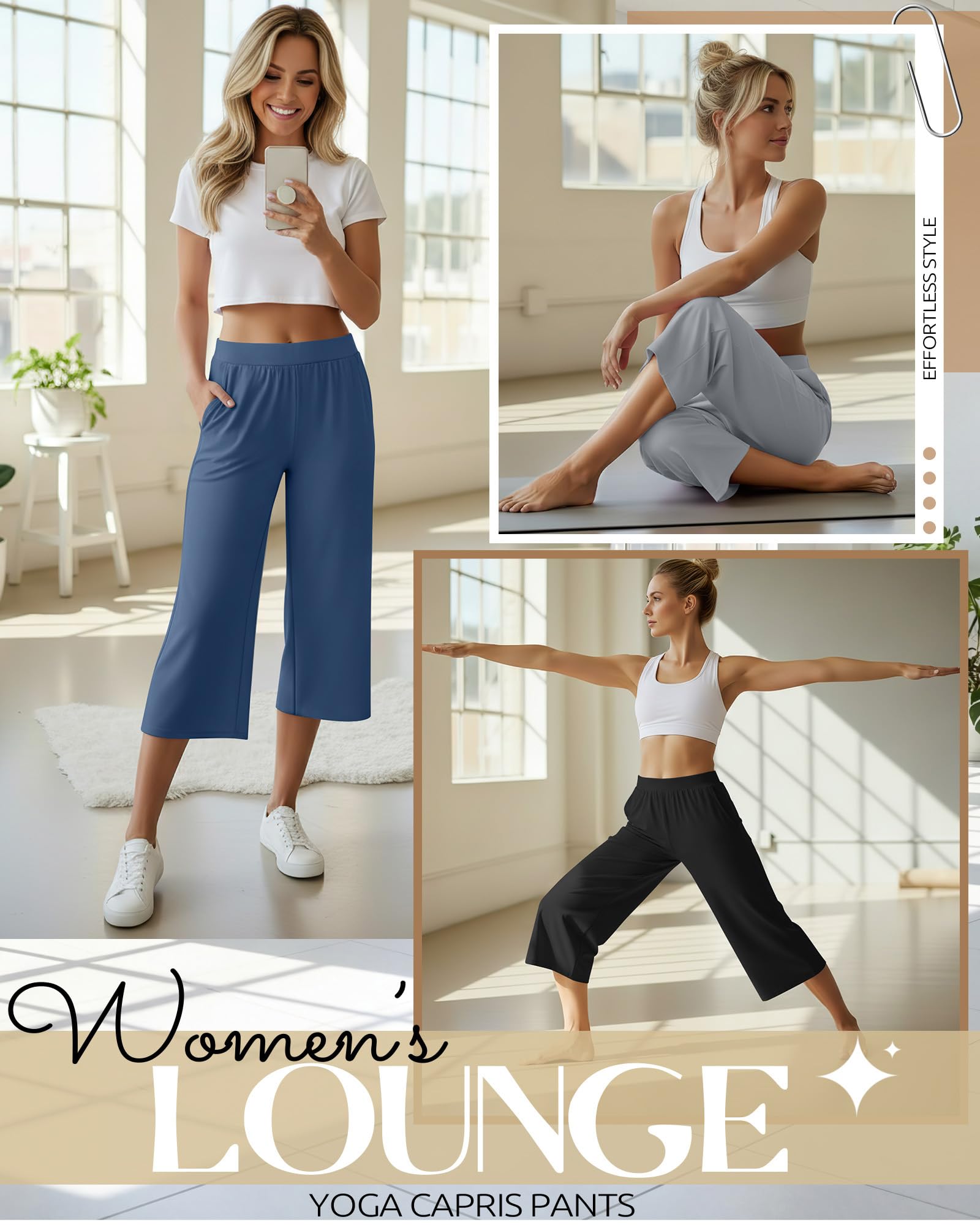 Neer Pantalones Capri para Mujer, de algodón, con Pierna Ancha, Pantalones de Deporte, Pantalones Cortos de Yoga con Bolsillos | Pantalones capri de yoga de pierna ancha, pantalones cortos de ajuste holgado, cintura elástica, pantalones capri de
