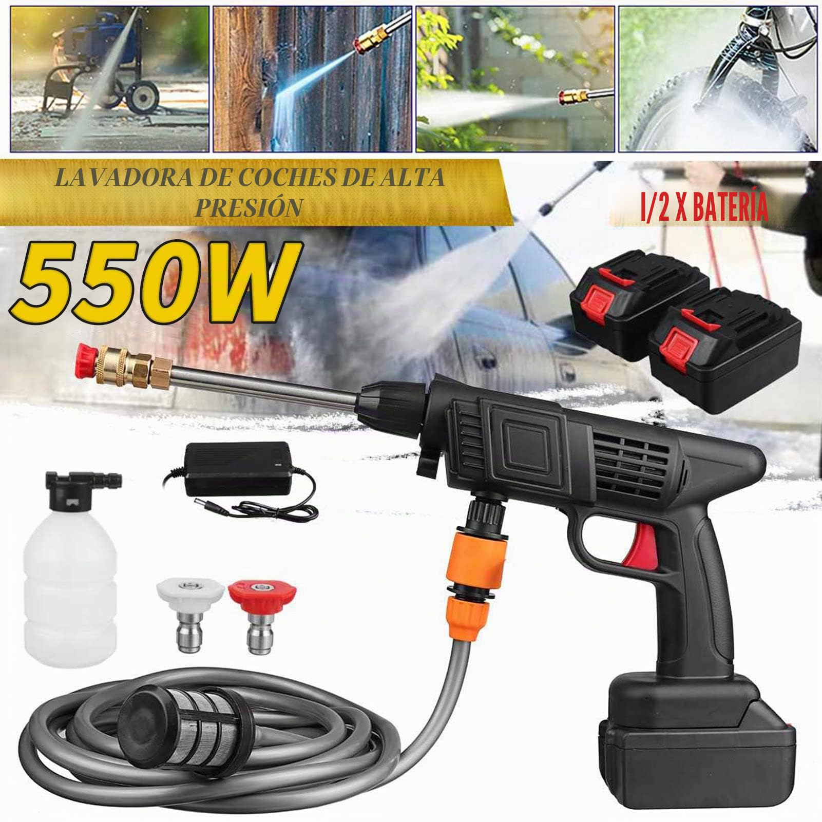 Limpiadora de alta presión inalámbrica, portátil, alimentado por batería, 21V, 1500 mAh, 150 PSI, incluye accesorios, para riego de plantas o limpieza de suelos (EU)