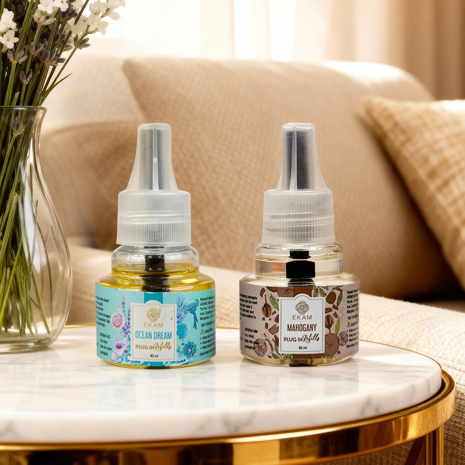 ekam plug-in refill oil combo pack (2-pack) – ocean dream & mahogany fragrance, universal fit for any plug-in air freshener diffuser
