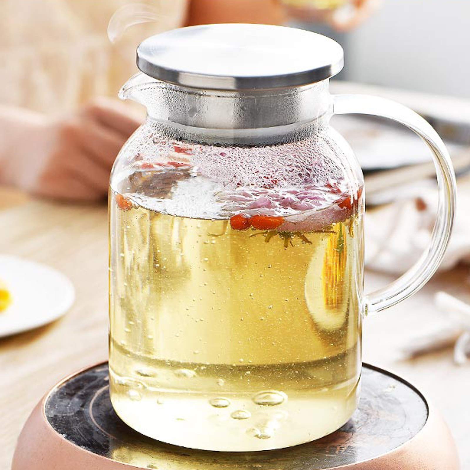 Jarra Agua Fria Lanzador de Vidrio de Gran Capacidad con Tapa de Acero Inoxidable Tetera de Cristal Resistente a la Alta Temperatura Material Engrosado Jarra Agua Detox Frutas (Size : 1.8L)