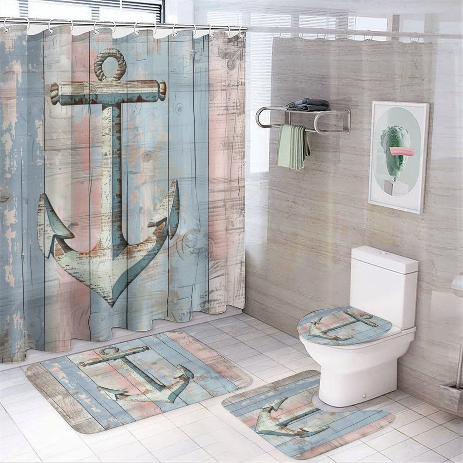 DIPQIMI 4pcs Abstract Nautical Shower Curtain Set with Rugs, Toilet Lid Cover and Bath Mat, Wood Ocean Anchor Bathroom Curtains Decor Shower Curtains,