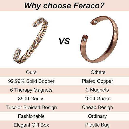 Miniatura 7 de Feraco Pulsera de cobre puro para mujer, pulsera magnética ultra fuerte con imanes de neodimio, 99.99% regalo de joyería de cobre, trenzado tricolor
