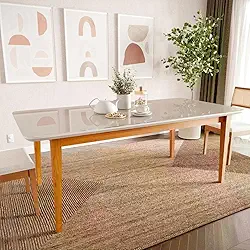 Mesa de Jantar 8 Lugares 2,10m Tampo Mdf e Vidro Pés Madeira Maciça Tangará Cabecasa Madeiramadeira Caramelo/off White