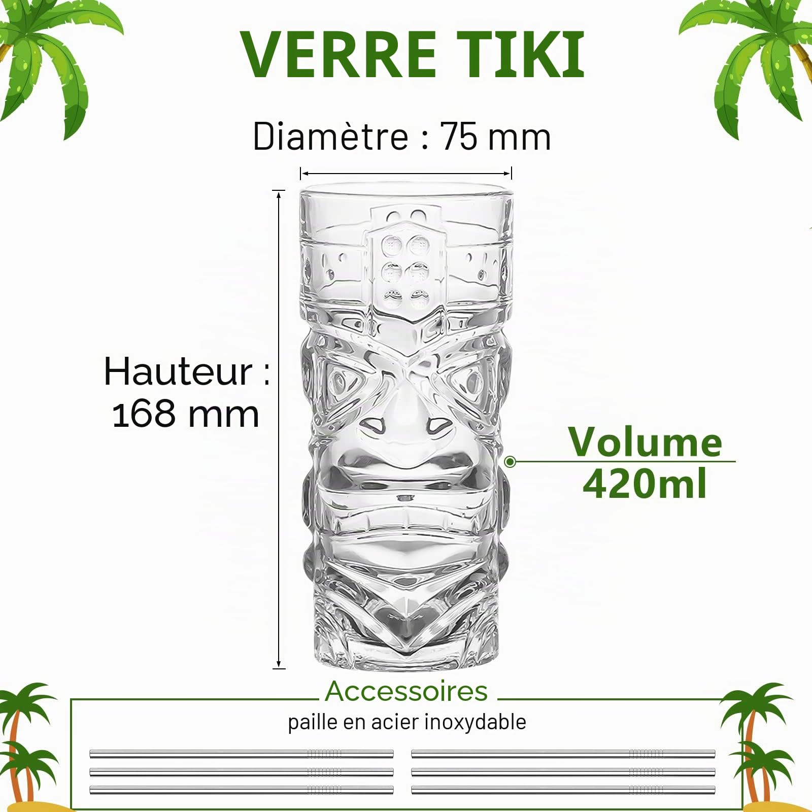 Lot de verres Tiki transparents de 177 à 414 ml, verres à cocktail modernes parfaits pour les cocktails exotiques, Mai Tai, cocktails de style hawaïen, ensemble de boissons tropicales