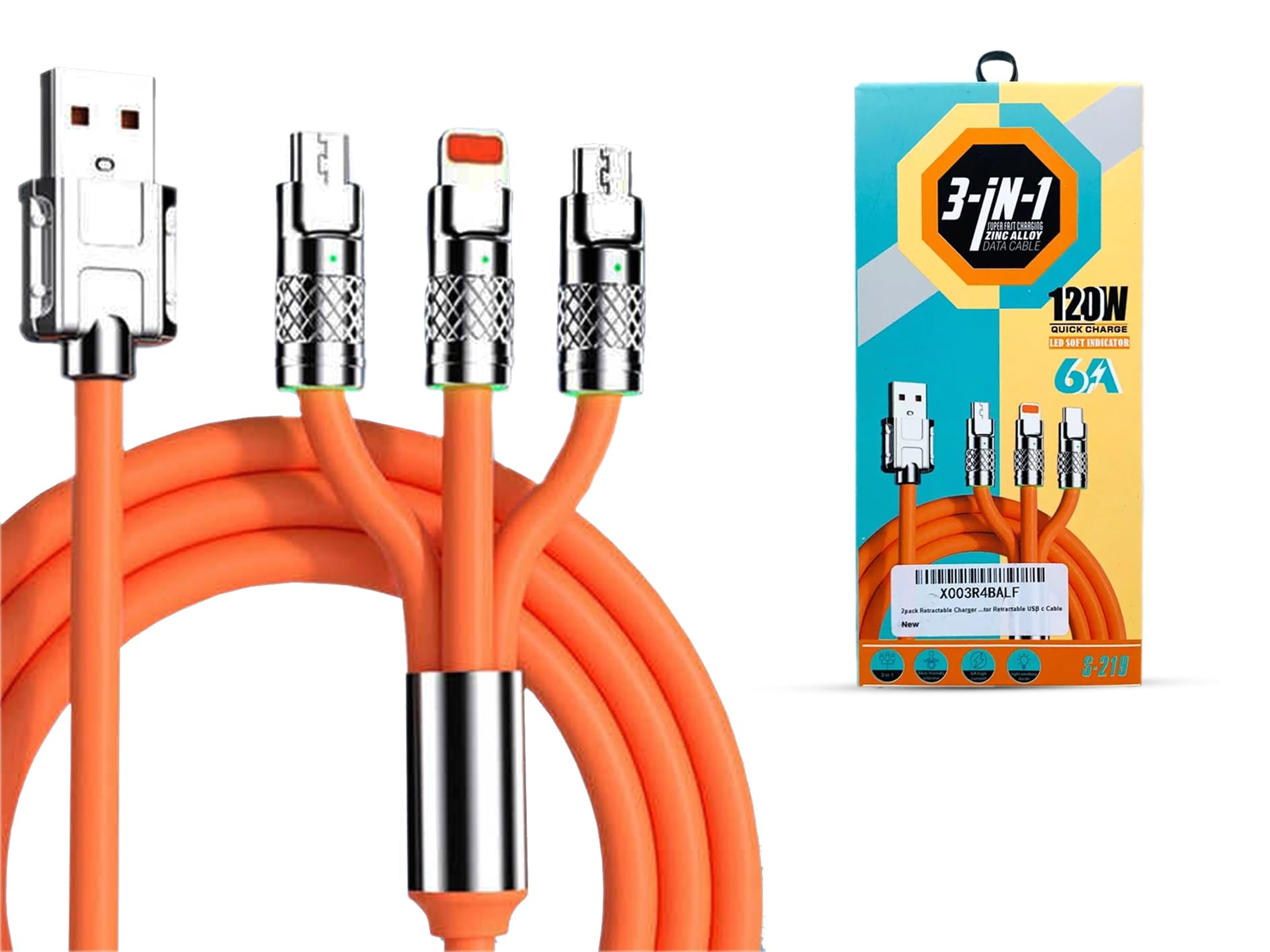 3 in 1 Fast Charging Cable,Portable 120W Charger Cord/Wire Compatible with iOS,Type-C,Micro Phones,Car/Travel 6A Retractable Zinc Alloy Charging Data Cable,Light Emitting Diode - Orange