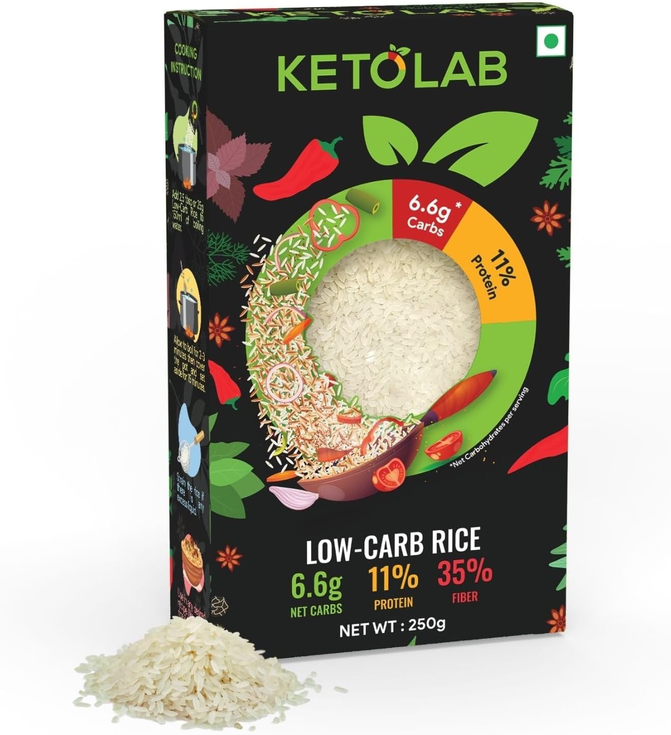 Ketolab Low-Carb Rice, 500 Gms, 1 Pack, 6.6g Net Carb & 3% High Protein/Serving, Identical to Regular Rice, Ultra Low Carb, Pre-Biotic High Fibre, Low GI, Keto Diet, Weight Loss, Diabetic Friendly