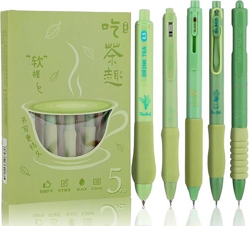 Lindo bolígrafo de gel, 5 bolígrafos de gel con agarre de goma suave, bolígrafos retráctiles de punta fina de 0.020 in, bolígrafos de tinta negra