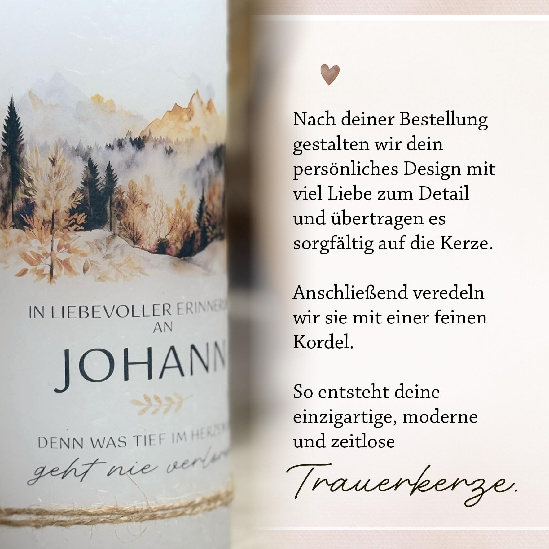 Personalisierte Trauerkerze mit Name und Wunschtext | moderne Rustikkerze | Gedenkkerze | Erinnerungskerze | Individuelle Kerze zum Abschied | Berge Wald Meer (Wald, Klein - 7x15cm)
