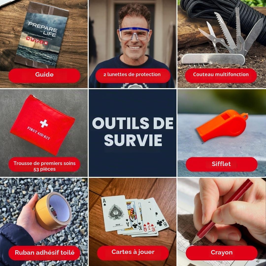 Emergency Zone Kit de Survie Complet Deluxe Essentiels 72 Heures, Préparez Votre Famille pour les Ouragans, Tremblements de Terre, Inondations.