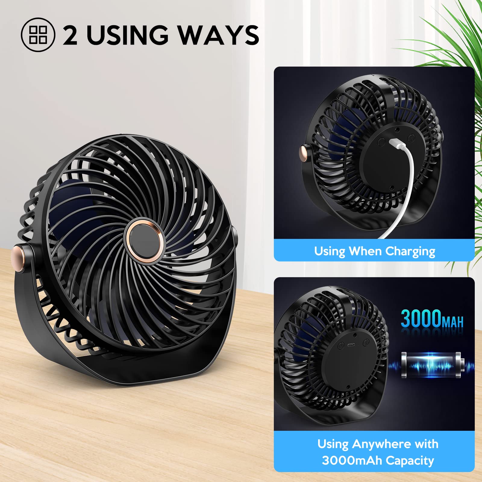 KICLBD M93 Mini wentylator z 5 prędkościami, silny przepływ powietrza, chłodzenie, przenośny i bardzo cichy, obracana o 360° głowica, ładowanie USB, do domu, biura, sypialni, biblioteki, czarny