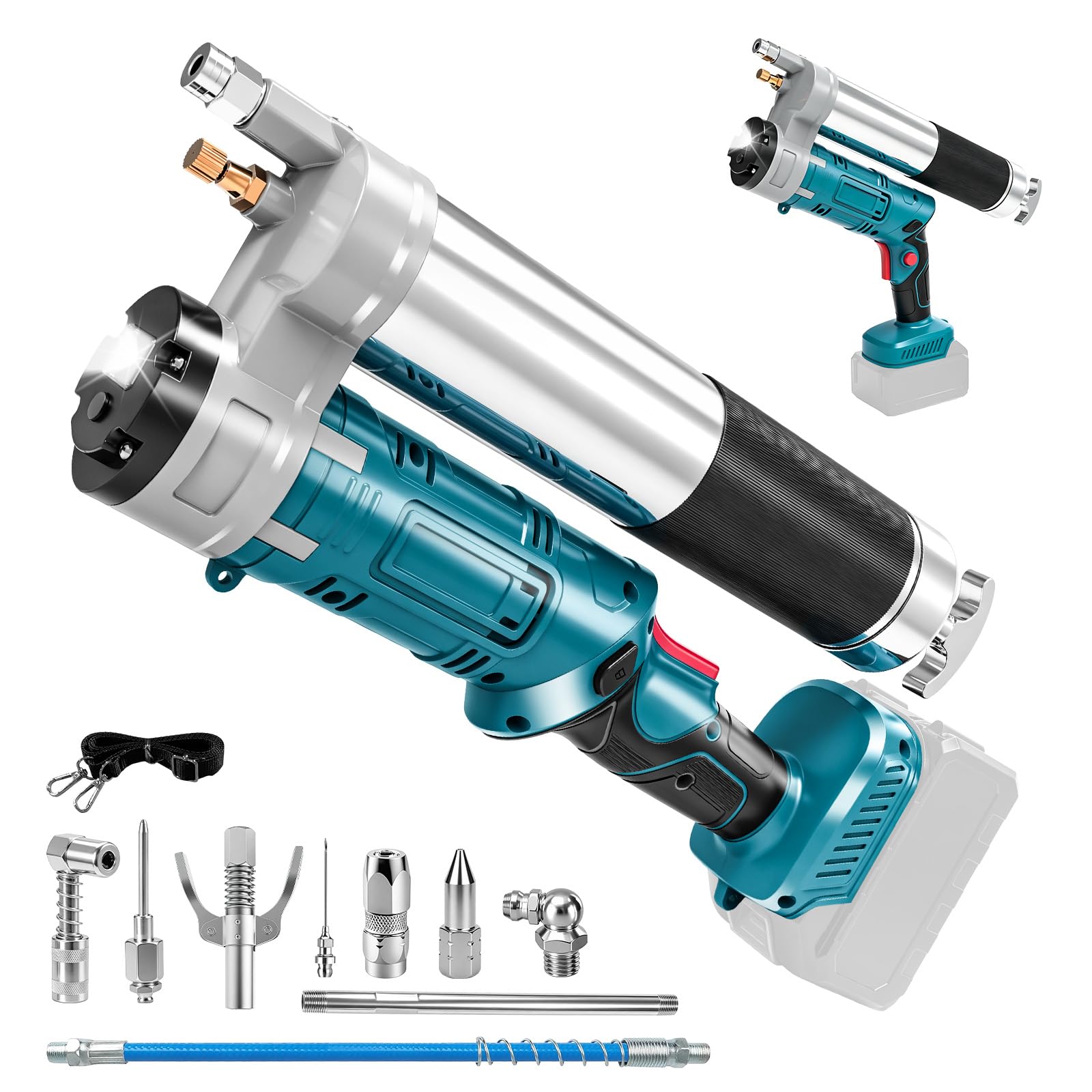 Fettpresse kompatibel mit Makita 18V-Akku, 8000–12000 PSI, 180–200 g/min, | 3-stufige Drehzahlregelung,600W bürstenloser Motor,für 400ml Kartuschen & loses Fett, mit LED-Licht