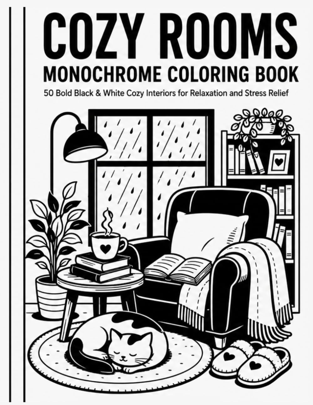 COZY ROOMS Monochrome Coloring Book: 50 Bold Black & White Cozy Interiors for Relaxation and Stress Relief