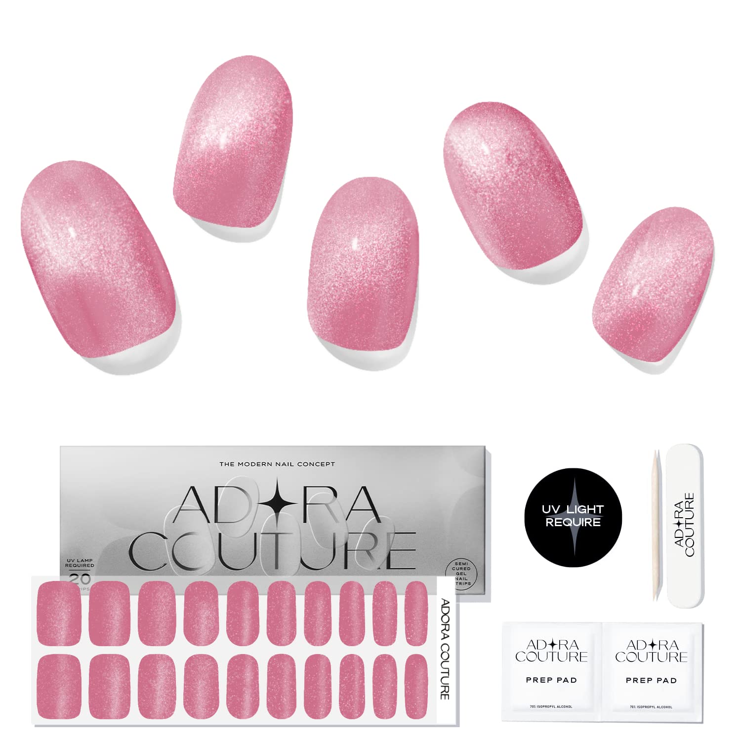 ADORA COUTURE Semi Cured Gel Nail Strips Kit - 20pcs UV Gel Stickers With Light Required - Velvet Magnetic Glittering Pink Wraps (Velvet Peony)