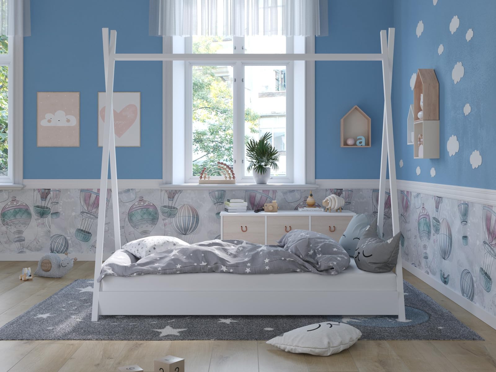 Love For Sleep Cuna Convertible en Cama 160x80cm Cama con Forma De Casa, Estructura De Cama Infantil, Cama Acogedora para Niños Pino JUNBED Juego Completo de Cuna - Cuna Cama Bebe Convertible