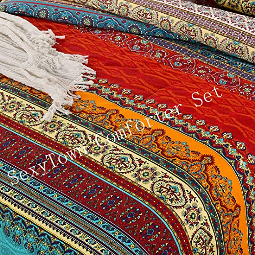 Sexytown Bohemian Comforter Set Queen Orange Ethnic Vintage Floral Reversible Winter Warm Bed Comforter Set 100% Brushed Cotton Bohemian Bedding Sets Ultra Soft And Fluffy(3Pcs,Full/Queen) #TOP6