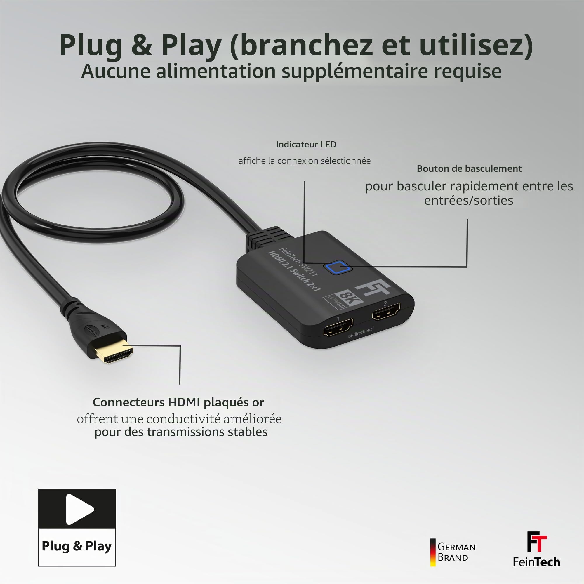 FeinTech SW211 HDMI 2.1 Switch 4K 120Hz 2 en 1 Out ou 1 en 2 Out bidirectionnel avec câble HDMI intégré, 8K, 48Gbps, HDMI splitter, prend en charge HDR, VRR, ALLM et Dolby Vision