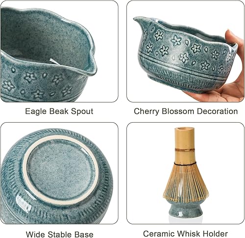 Miniatura 3 de Juego de batidor de matcha, 7 piezas, incluye cuenco de cerámica azul matcha, batidor y soporte, cuchara de bambú, soporte de cuchara, tamiz y