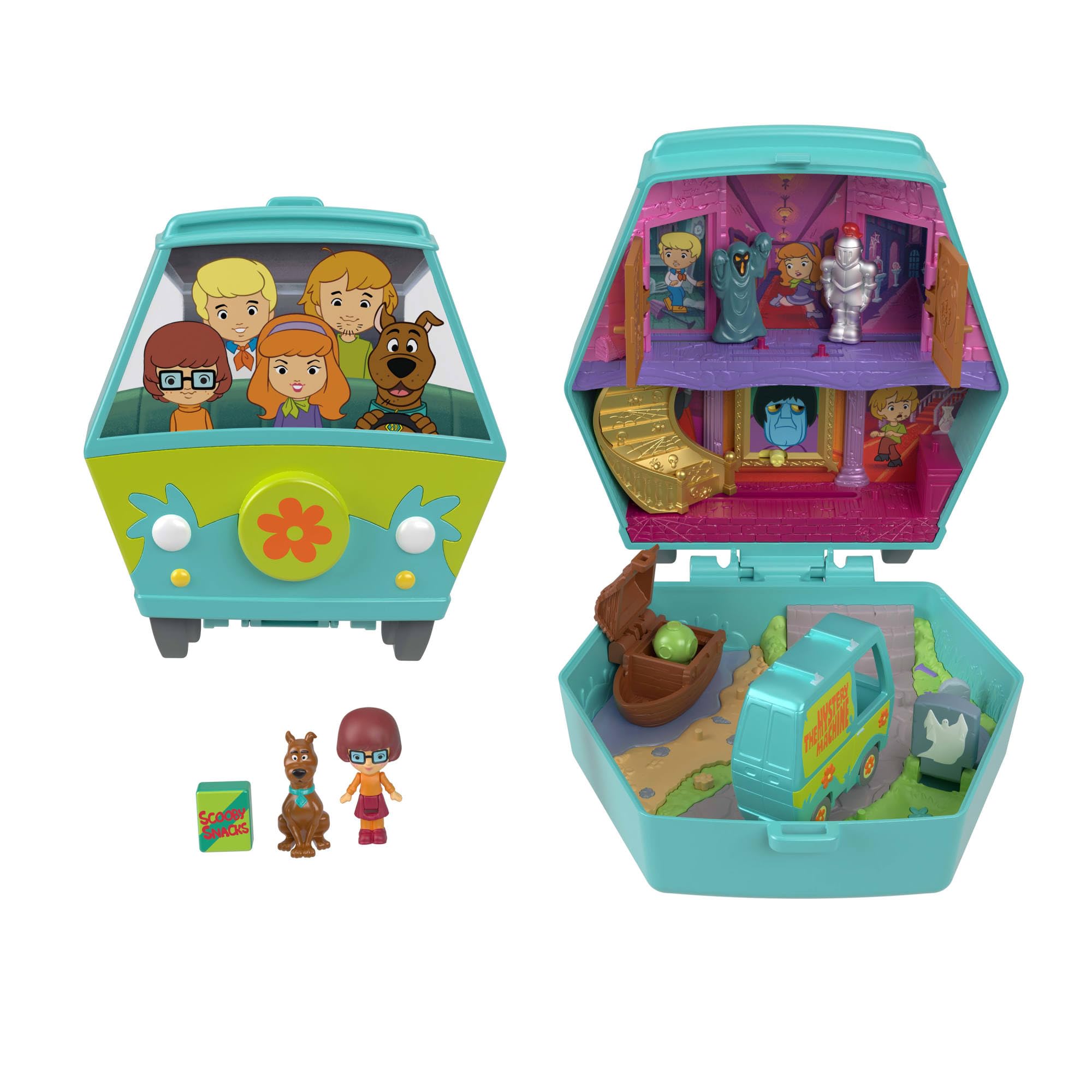 Polly Pocket x Scooby Doo Partnership Compact, Micro Dolls and Playset, Scooby and Velma Dinkley Dolls, Mystery Machine Toy Car, JKC85