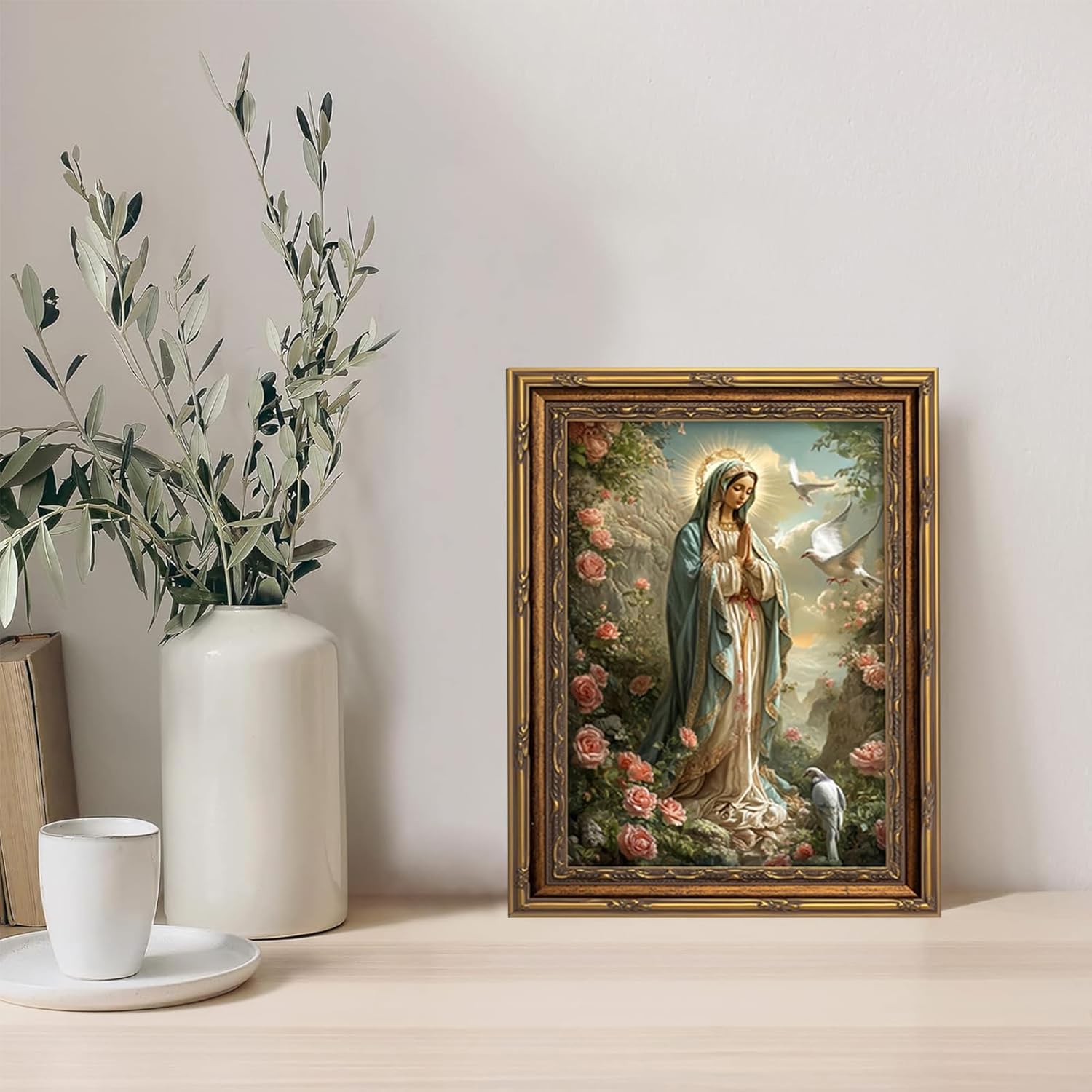 FGQ Vintage Gold Framed Blessed Mother Art Canvas Wall Art Virgin Mary Among Roses Painting Artwork Catholic Prints Our Lady of Guadalupe Portrait Poster Christian Gifts Religious Picture 12x16inch