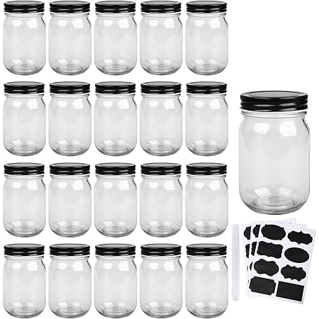 QAPPDA Mason Jars,Glass Jars With Lids 12 oz,Canning Jars For Pickles And Kitchen Storage,Wide Mouth Spice Jars With Black Lids For Honey,Caviar,Herb,Jelly,Jams,Set of 20…