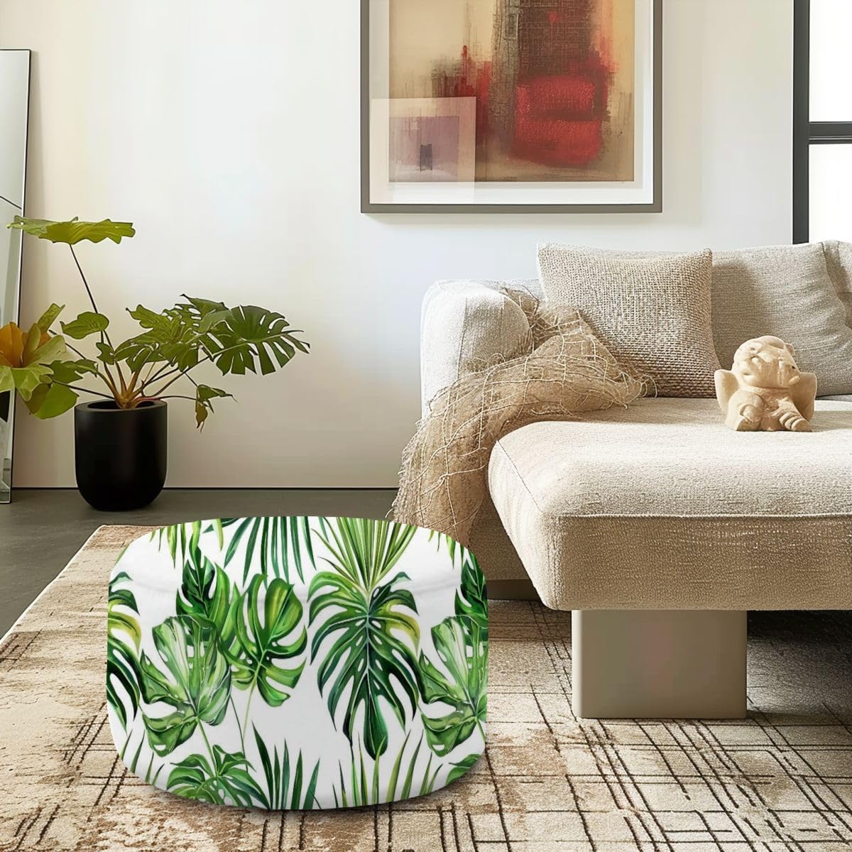 Round Pouf Ottoman Watercolor tropical seamless pattern Diagonal stripes repeat Exotic Foot Stool Foot Rest Floor Stool Bean Bag Chair Cotton Linen Removable Indoor Outdoor for Living Room Bedroom