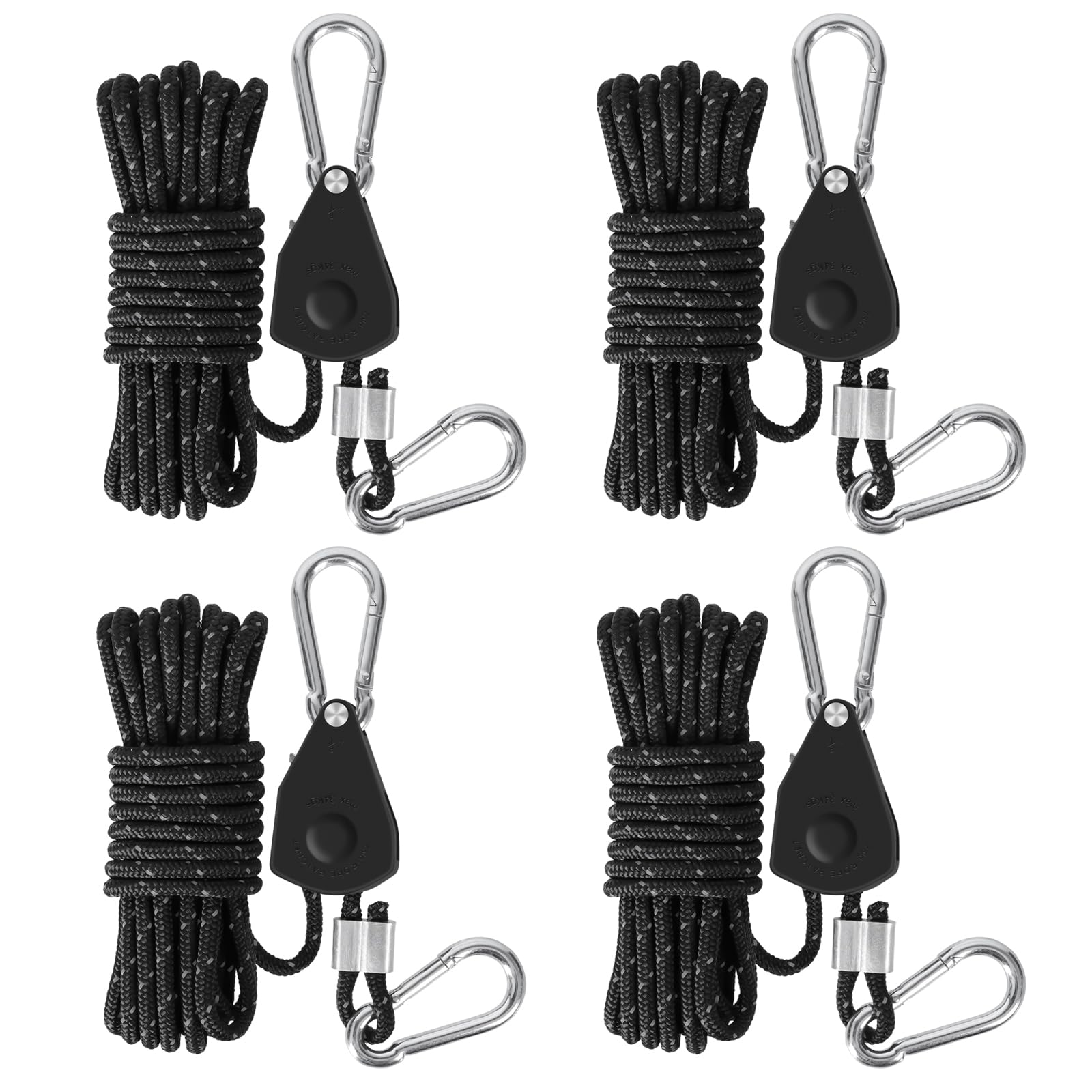 Reflective Guy Ropes Rope 4 Pieces Adjustable Rope Ratchet 13 ft/4 m with Rope Tensioner, Rope Rope Ratchet with Hook Diameter 4 mm Guy Ropes Camping Tent Cord with Tensioner, Tent Accessories Black