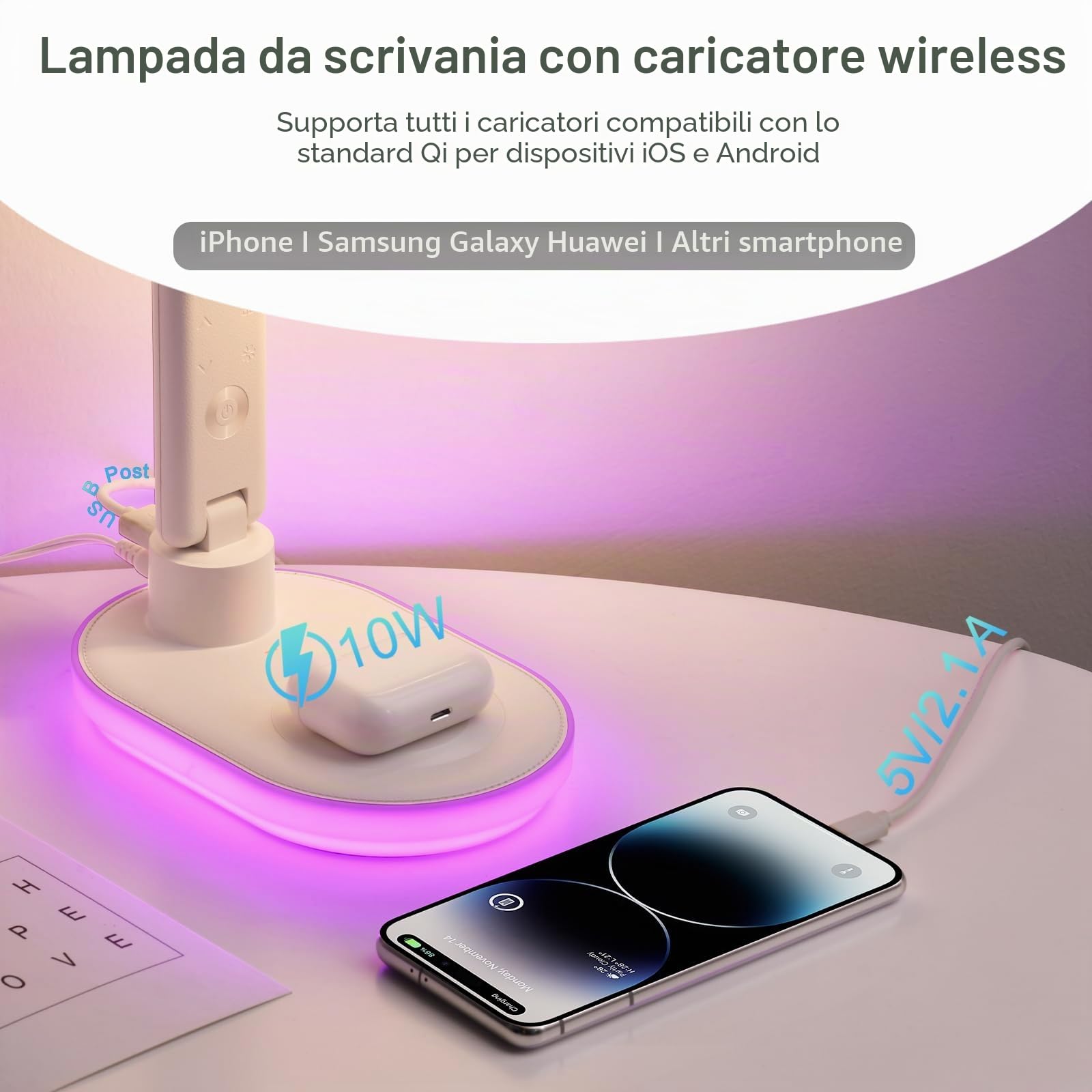Lampada da Tavolo con Caricabatterie Wireless da 10W, Ricarica USB, 3 Colori e 5 Livelli di Luminosità, Lampada da Tavolo Touch Control con Temperatura Orologio RGB per Cameretta, Ufficio