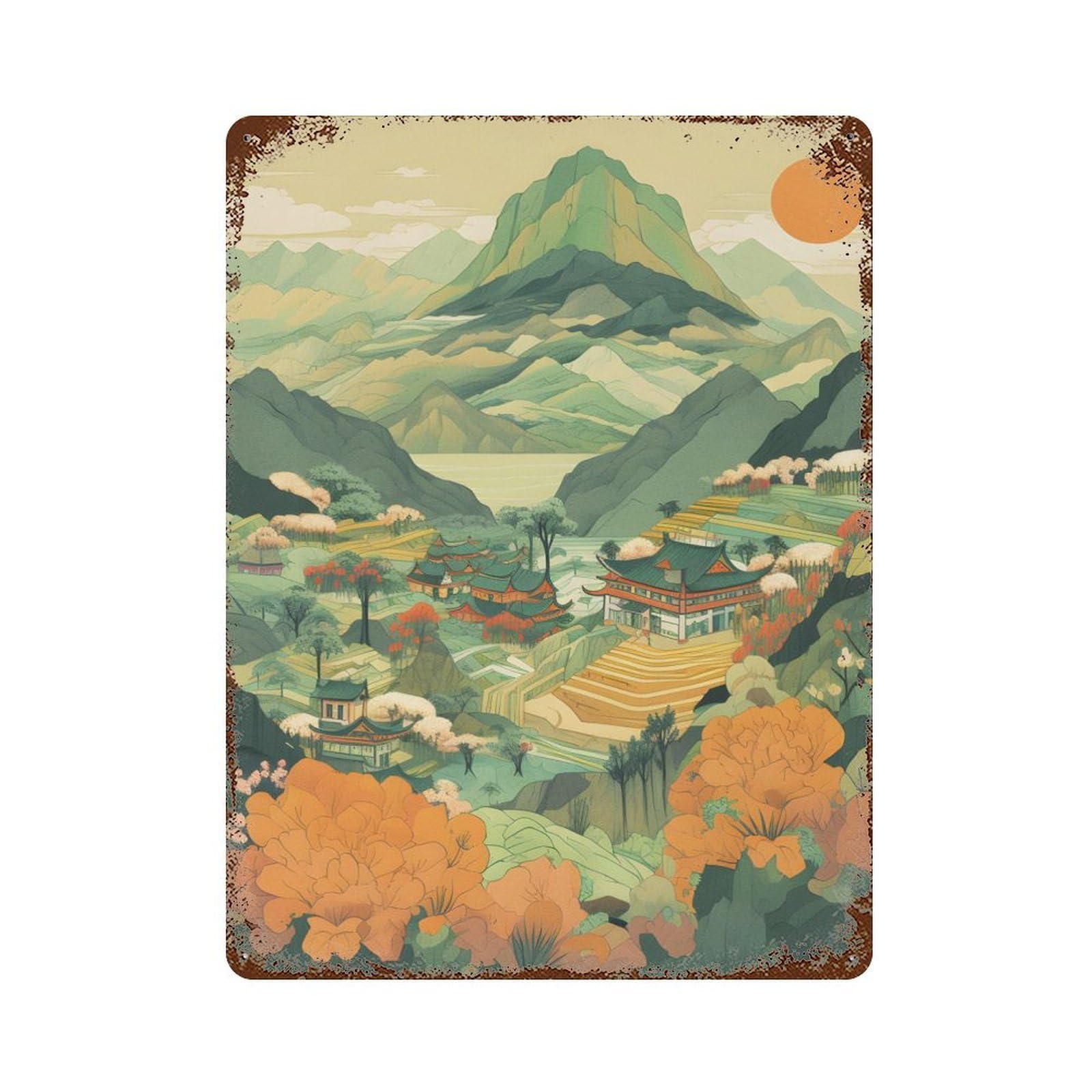 Green Tone Japanese Villag Vintage Wall Sign 15.7"x11.8", Rust Effect Metal Decor for Cafe, Home Bar And Lounge Decor
