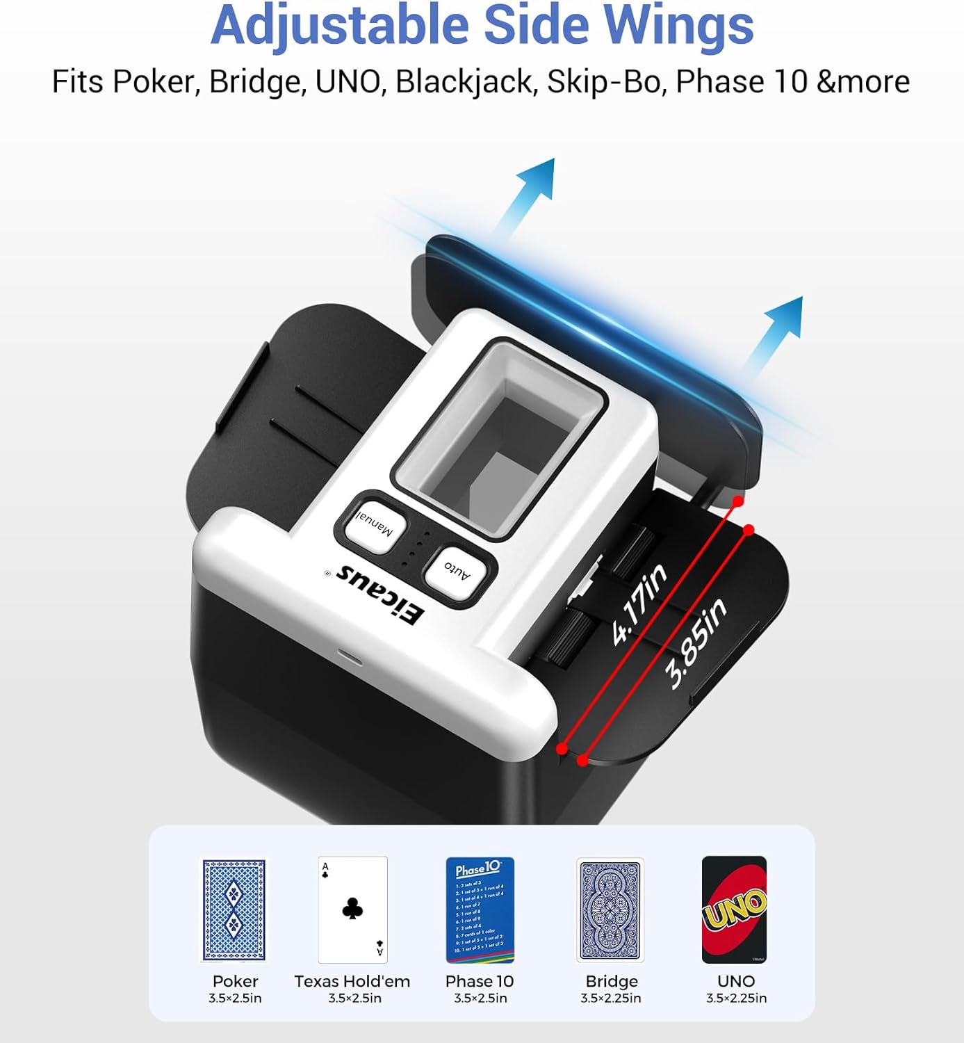 Eicaus Automatic Card Shuffler 1-4 Deck - Rechargeable 2500mAh Electric Card Shuffling Machine for Seniors & Family Game Night - Portable & Fast Shuffler for UNO, Poker, Blackjack, Phase 10 & Skip-Bo