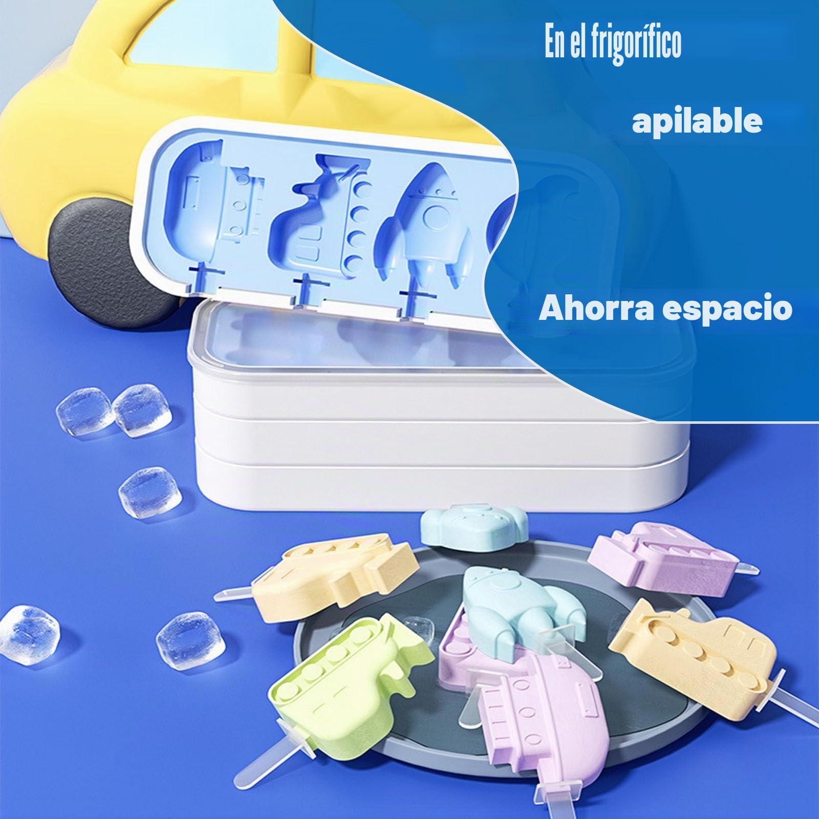 Moldes de silicona para helados, 2 moldes para helados con 12 palos, juego de paletas para niños y adultos, sin BPA, dinosaurios de silicona y moldes para coche, adecuados para bricolaje