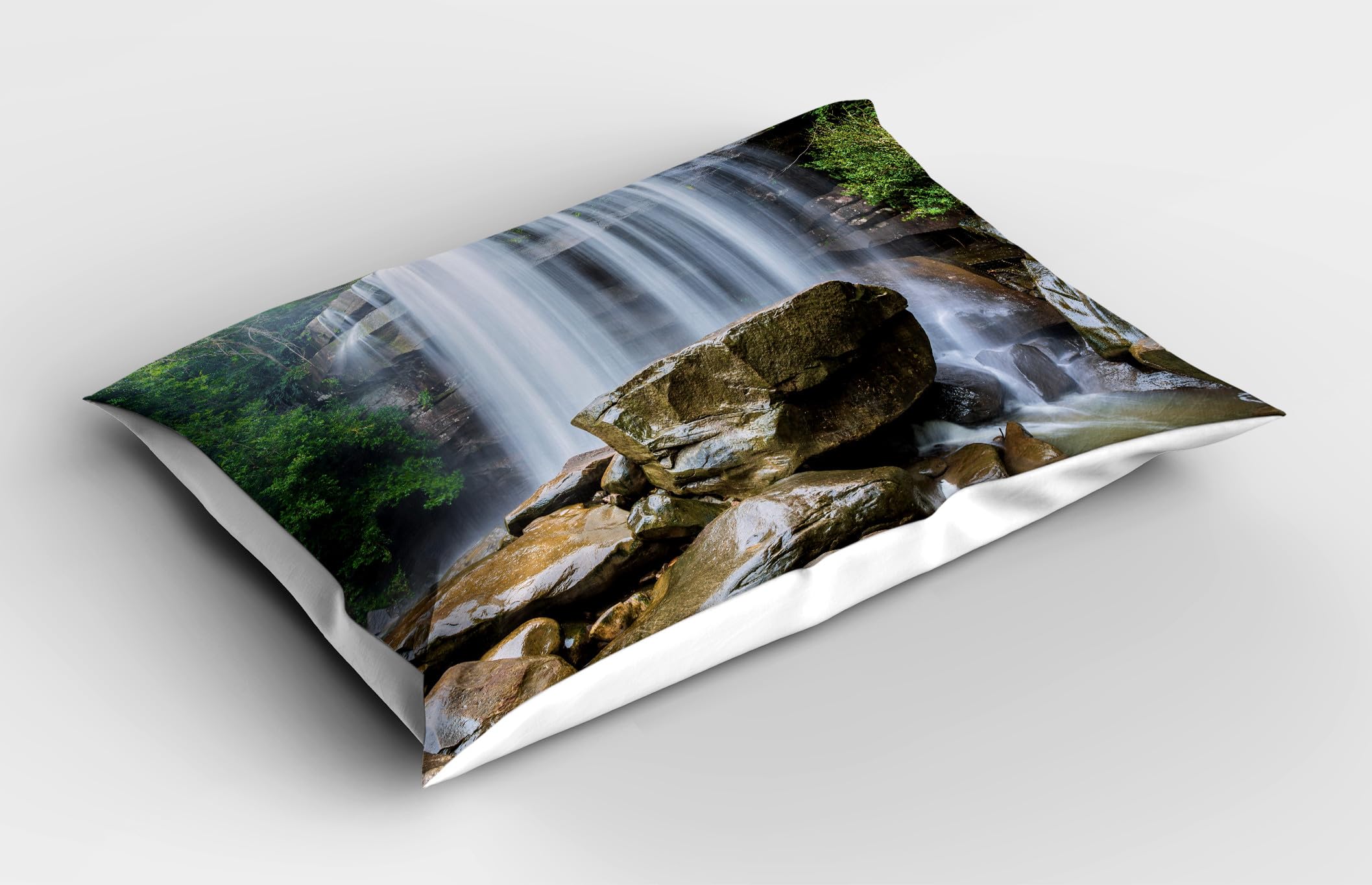 Ambesonne Waterfall Pillow Sham Set of 2, Waterfalls Surrounded by Rocks and Tropical Exotic Plant Nature Art, Quality Microfiber Bedding Item for All Seasons, 36