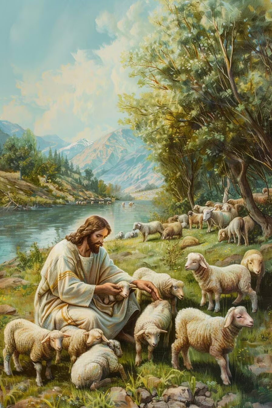 MHELC Religious Pastoral Scene Diamond Art Painting Kit, Shepherd with Lambs by Lake, DIY Paint by Numbers 12x18 Inches