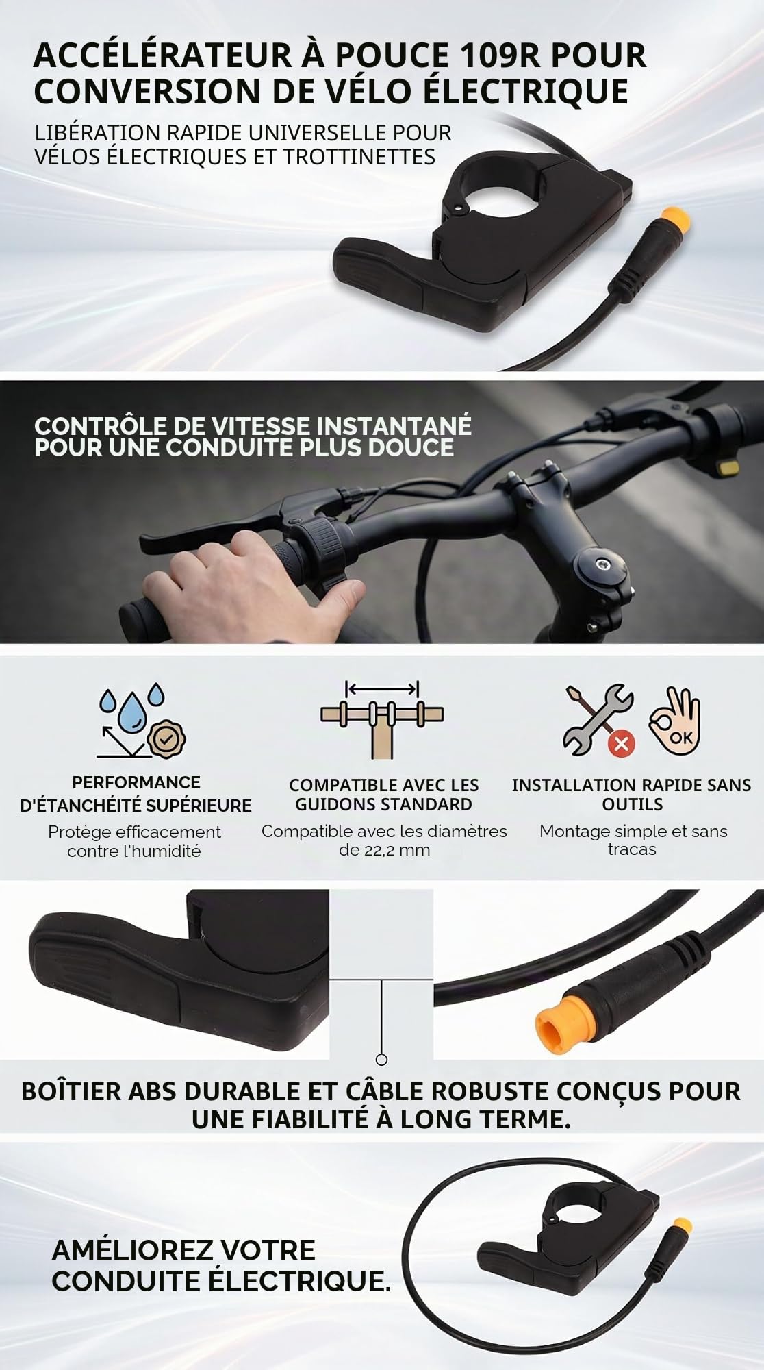 VGEBY Accélérateur de Pouce de Vélo électrique, Accélérateur de Pouce de Vélo électrique à Dégagement Rapide 109R Gauche Droite Accélérateur de Pouce de Conversion de Vélo