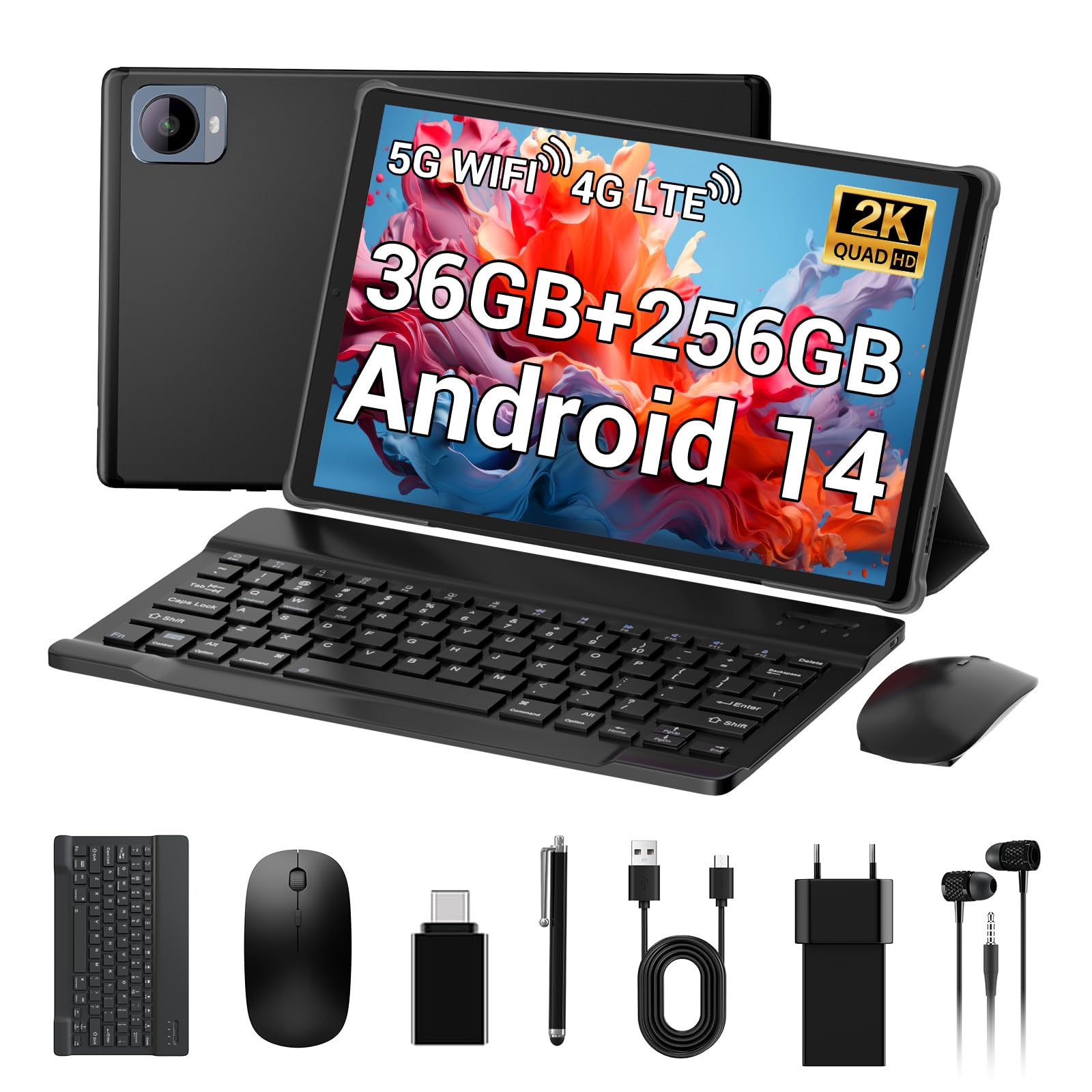 TIGERFU Tablet 10,4 Pollici Android 14.0, 4G LTE+5G WiFi, 36GB RAM+256GB ROM (2TB TF), Octa-Core Processor, 1920*1200, 8000mAh, 13MP+8MP, BT5.0, FHD,Tablet in offerta con Tastiera丨Mouse丨Penna - Nero