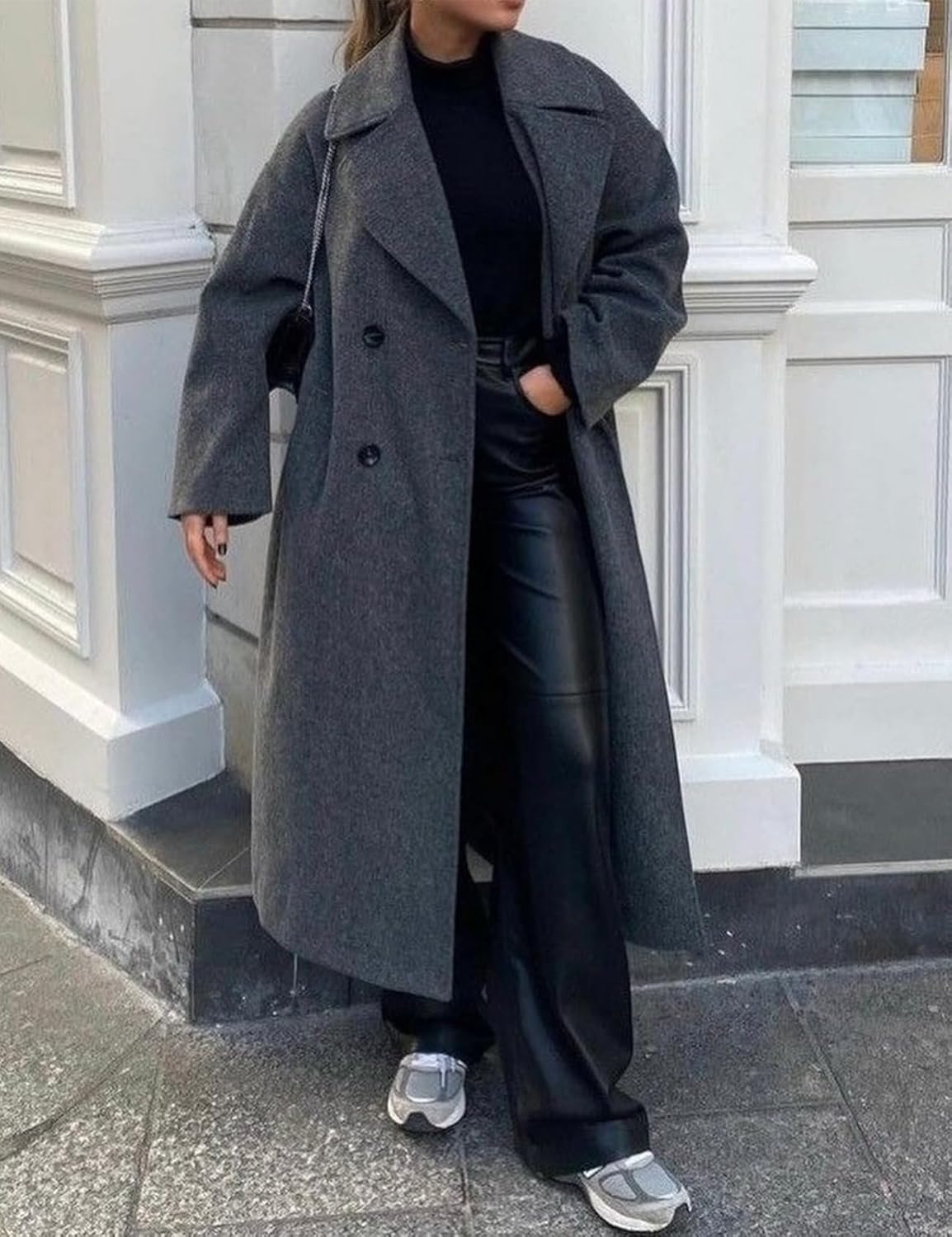 Kissonic Womens Long Pea Coat Winter Double Breasted Oversized Trench Coat Notch Lapel Overcoat Causal Dress Coat - Image 6