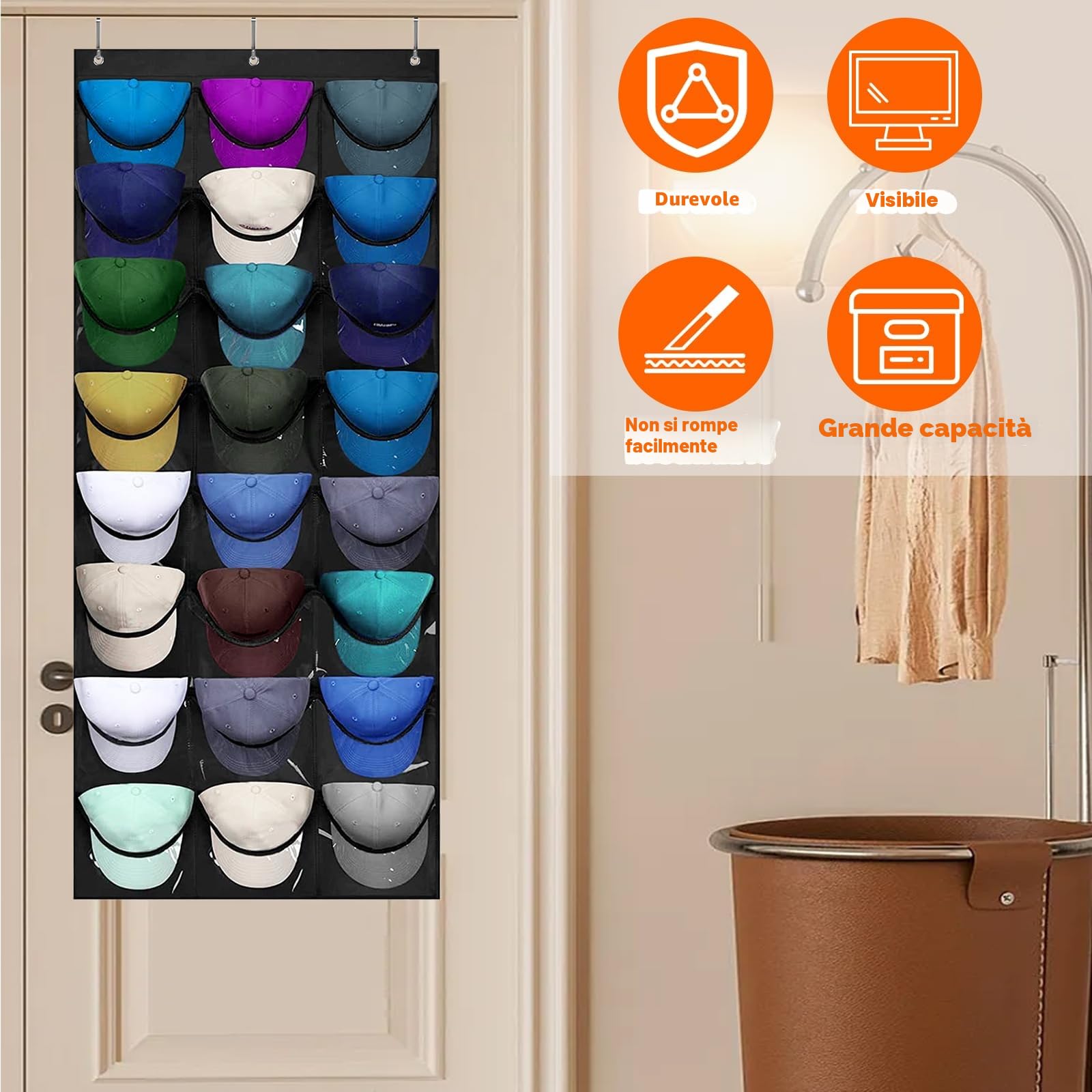 Porta Berretto,Porta Cappelli da Baseball,Portas Cappelli da Armadio con 24 Tasche,Contiene 24 Cappellis,Organizer Cappellis Sulla Portas (Nero)