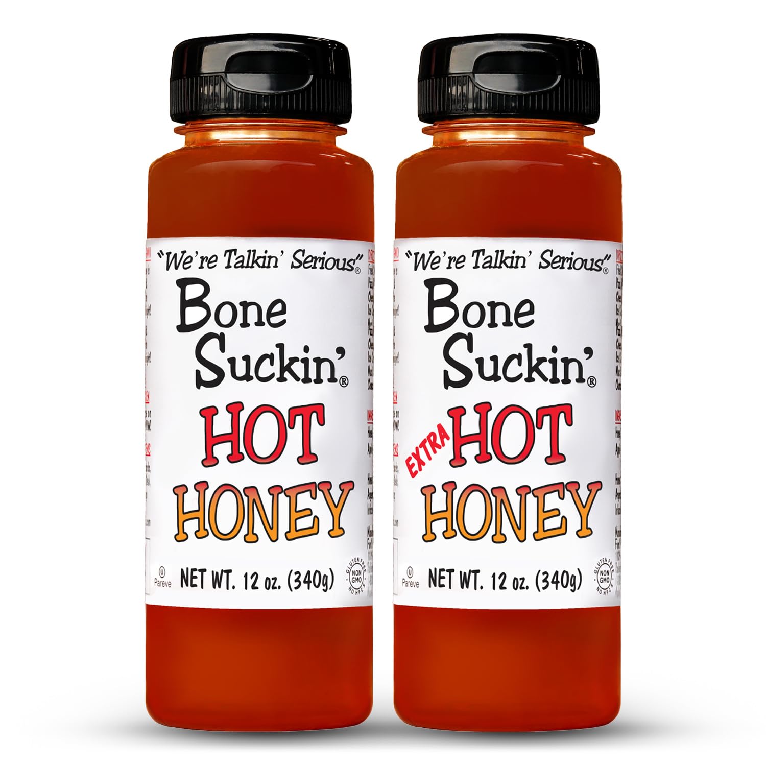 Bone Suckin'Hot Honey & Bone Suckin' Extra Hot Honey, Spicy Honey, Gluten Free and Non GMO (12 oz, 2 Pack)