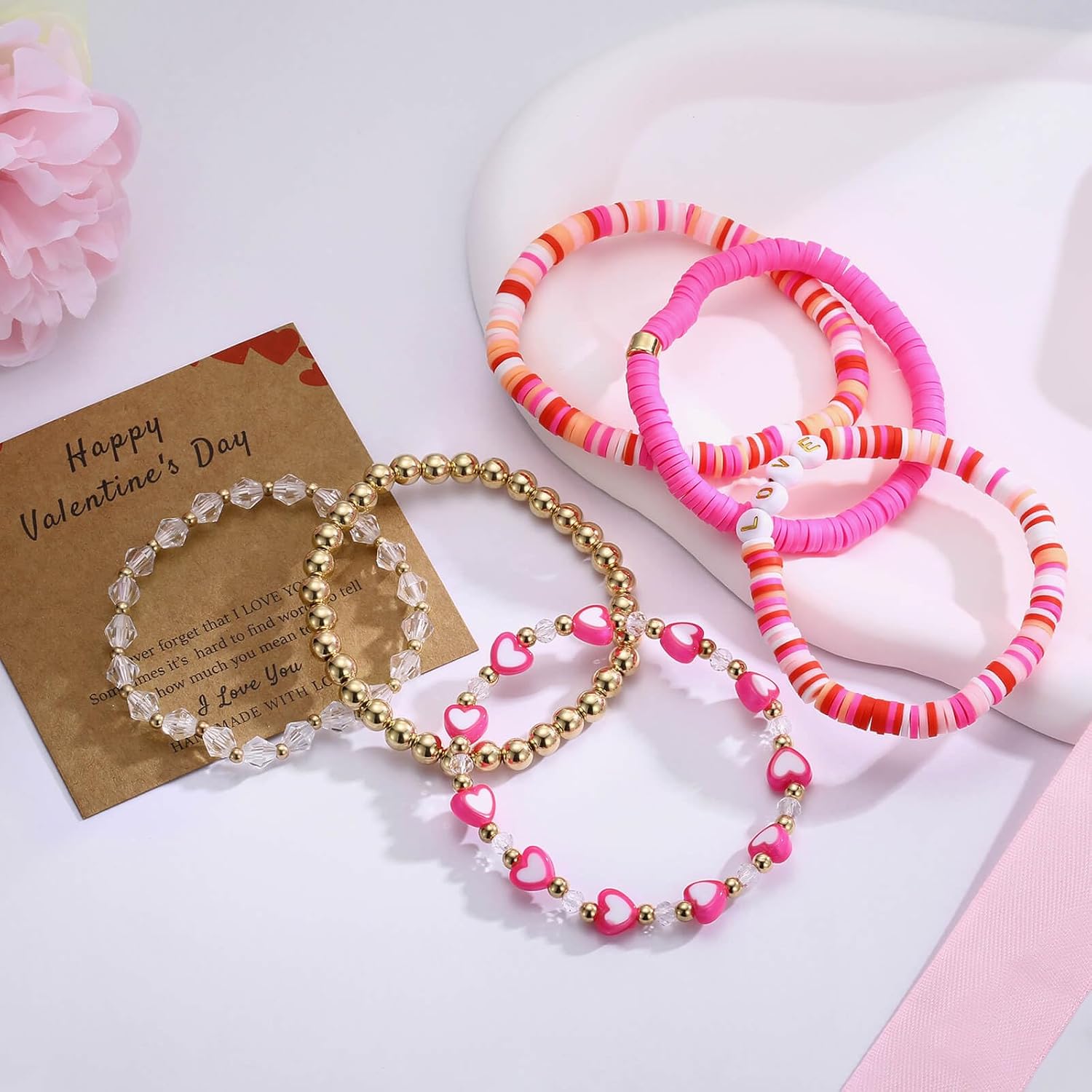 Beaded Heishi Stackable Stretch Bracelet with Love Heart Charm Valentine's Day Holiday Jewelry Gift for Women - Image 3